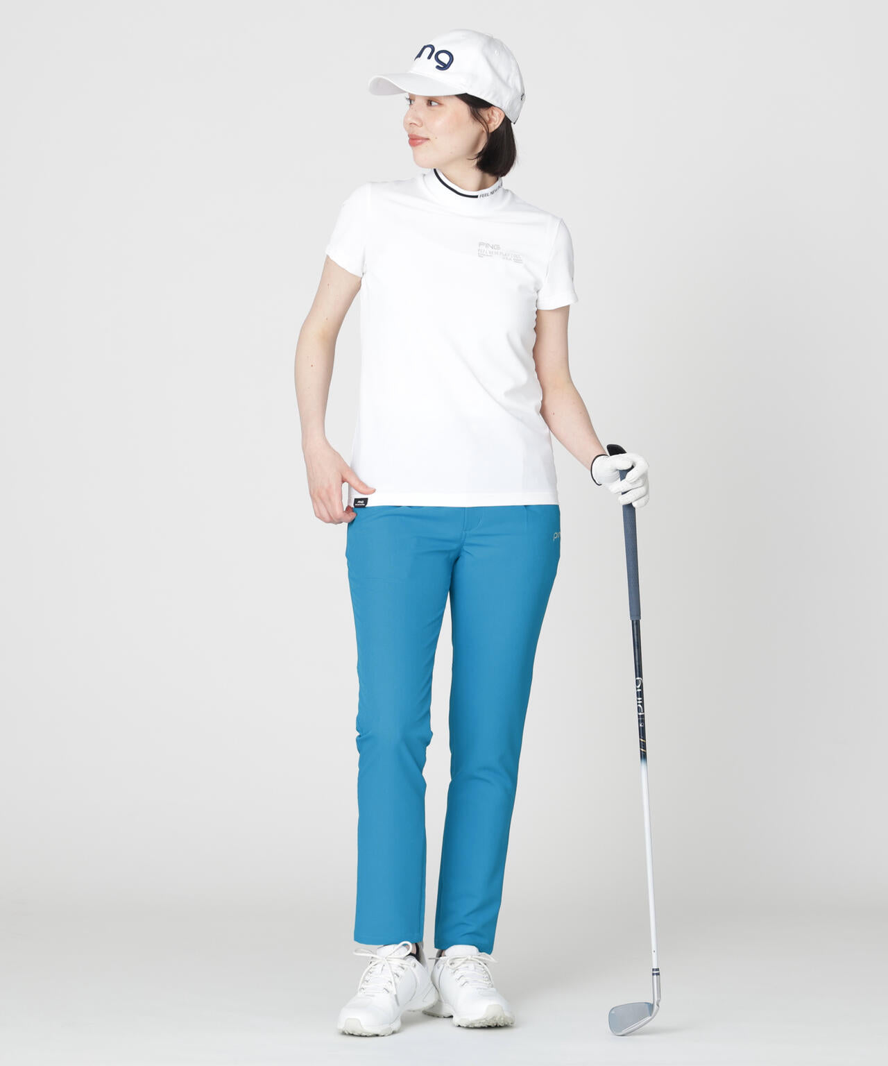 【PING APPAREL】ワッフルロゴジャカード衿半袖ハイネックシャツ (LADIES)