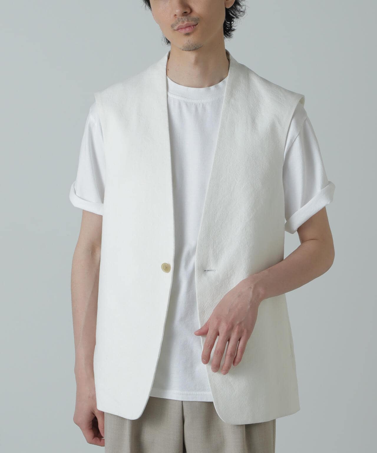 AB.コットン/リネンオックススリーブレスジャケット
