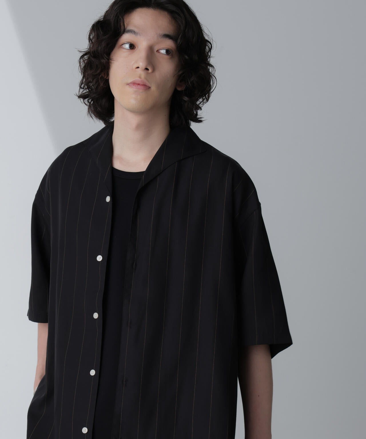 リネンブレンドピンストライプワイドカラーシャツ(セットアップ可)