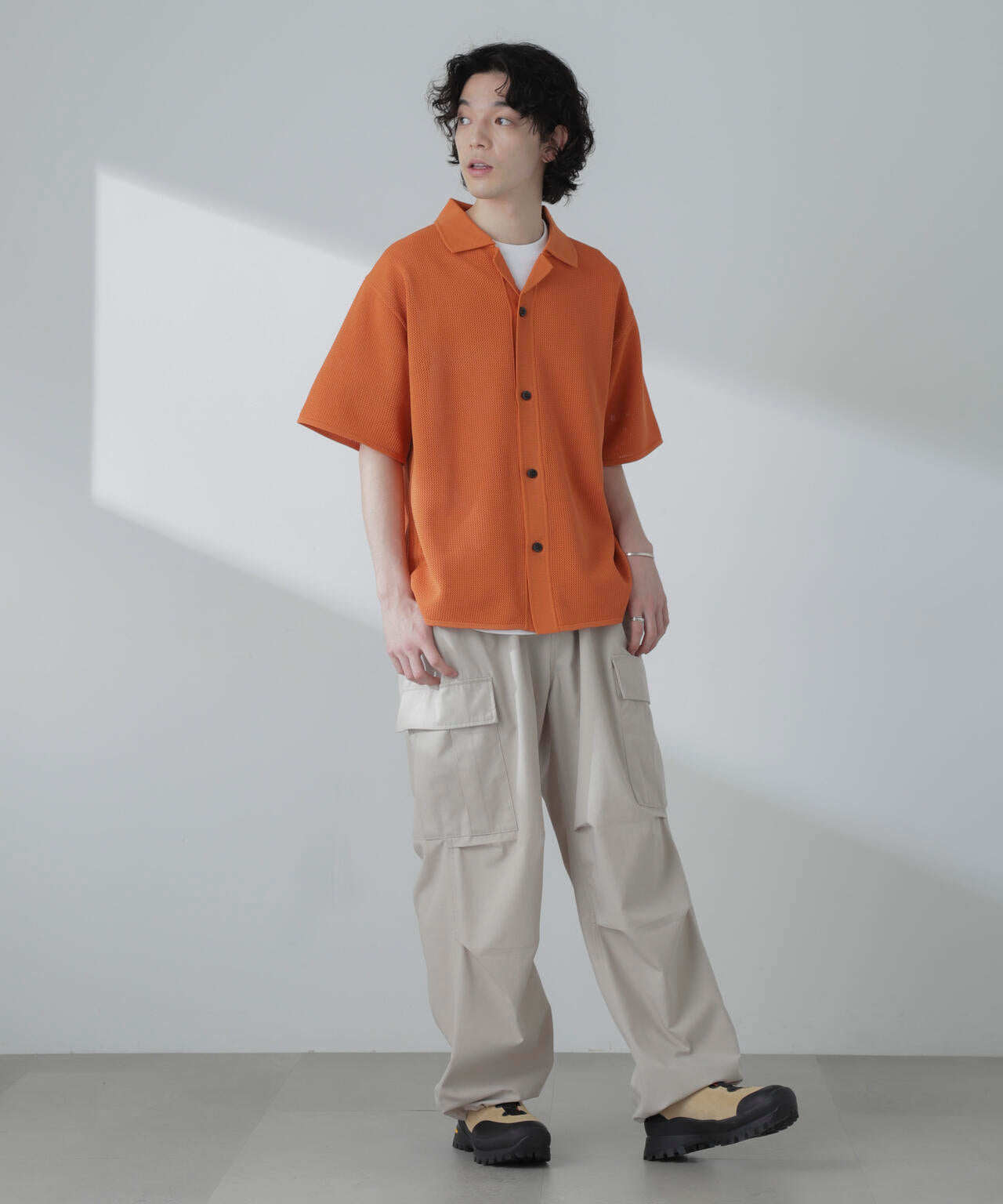 ポリメッシュリラックスオープンカラーニットシャツ