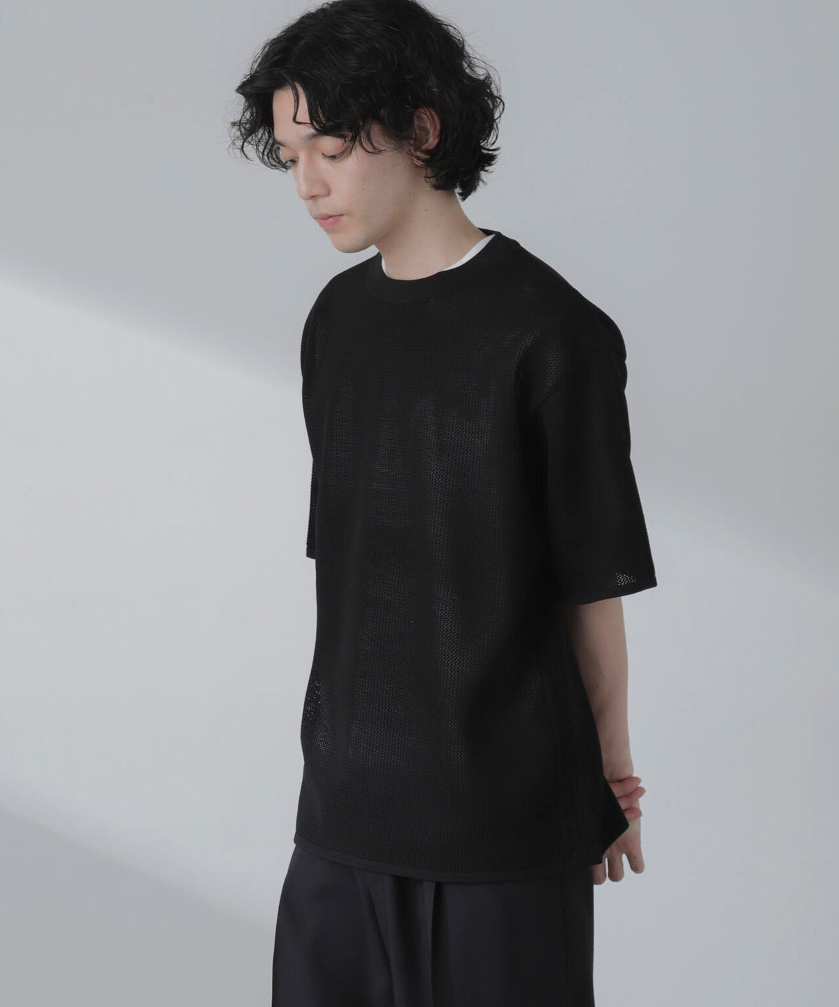 ポリメッシュリラックスクルーネックニットTシャツ