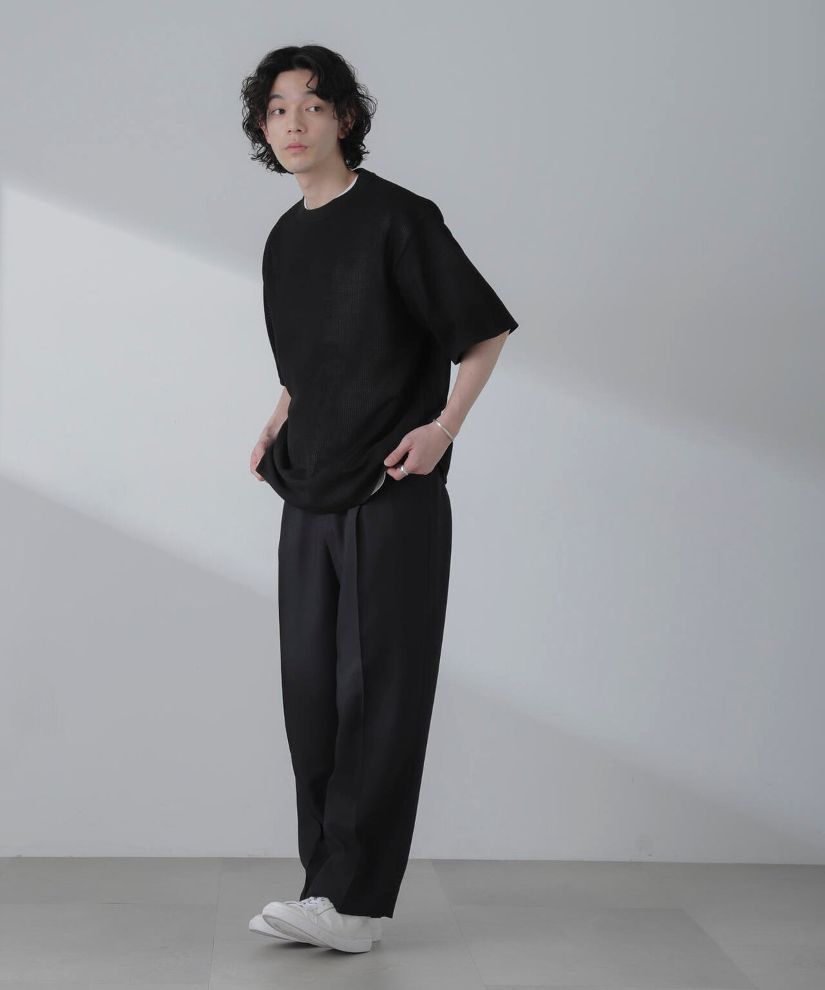 ポリメッシュリラックスクルーネックニットTシャツ