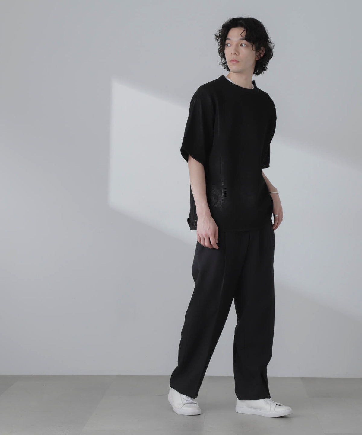 ポリメッシュリラックスクルーネックニットTシャツ
