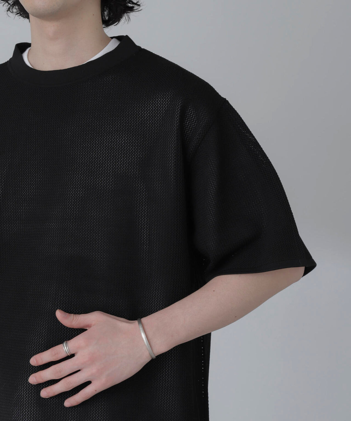 ポリメッシュリラックスクルーネックニットTシャツ