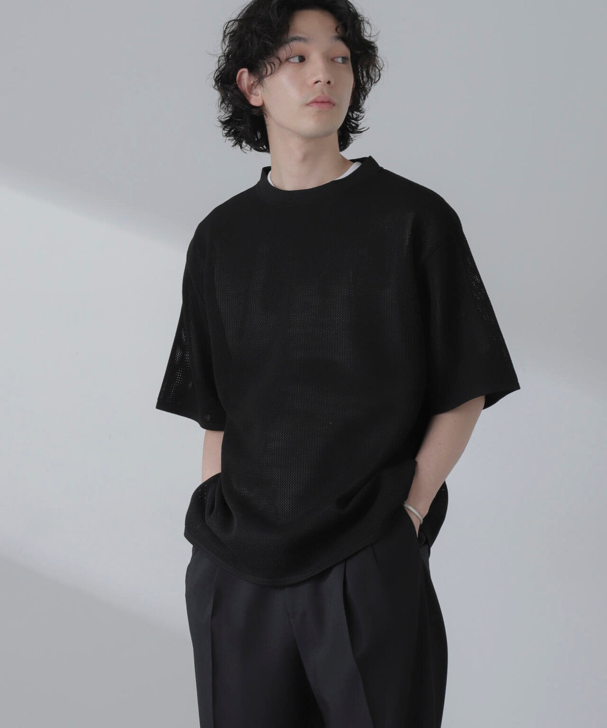 ポリメッシュリラックスクルーネックニットTシャツ