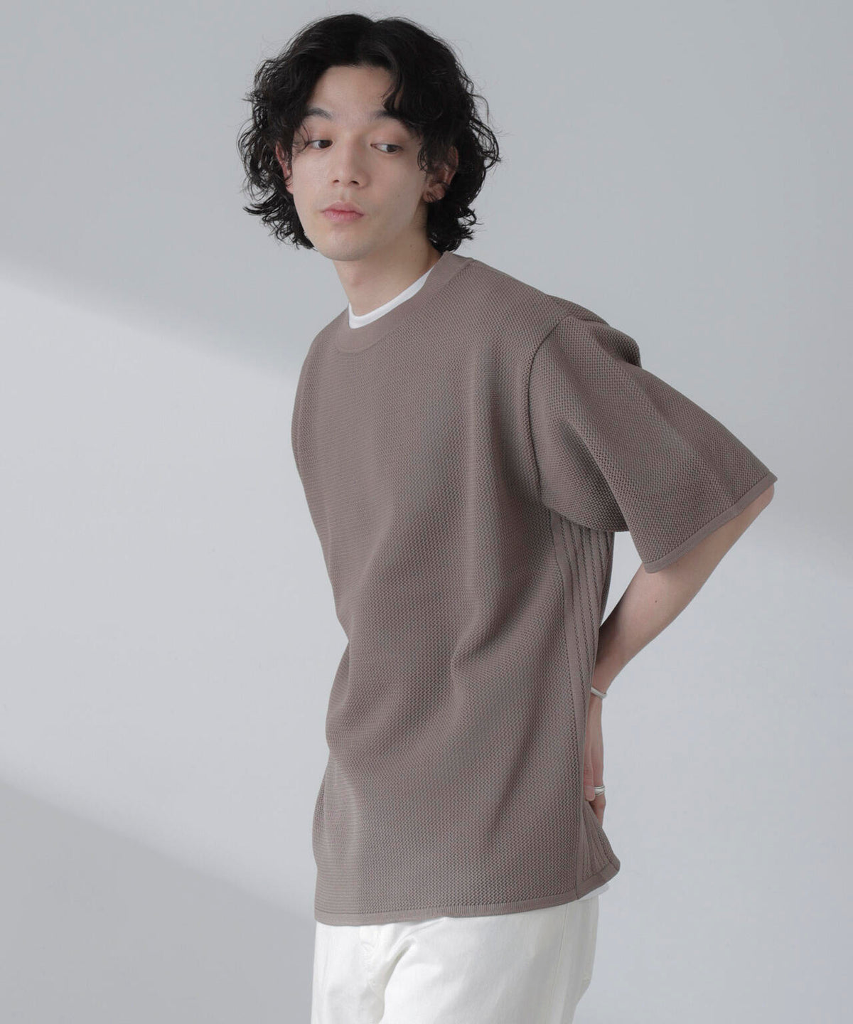 ポリメッシュリラックスクルーネックニットTシャツ