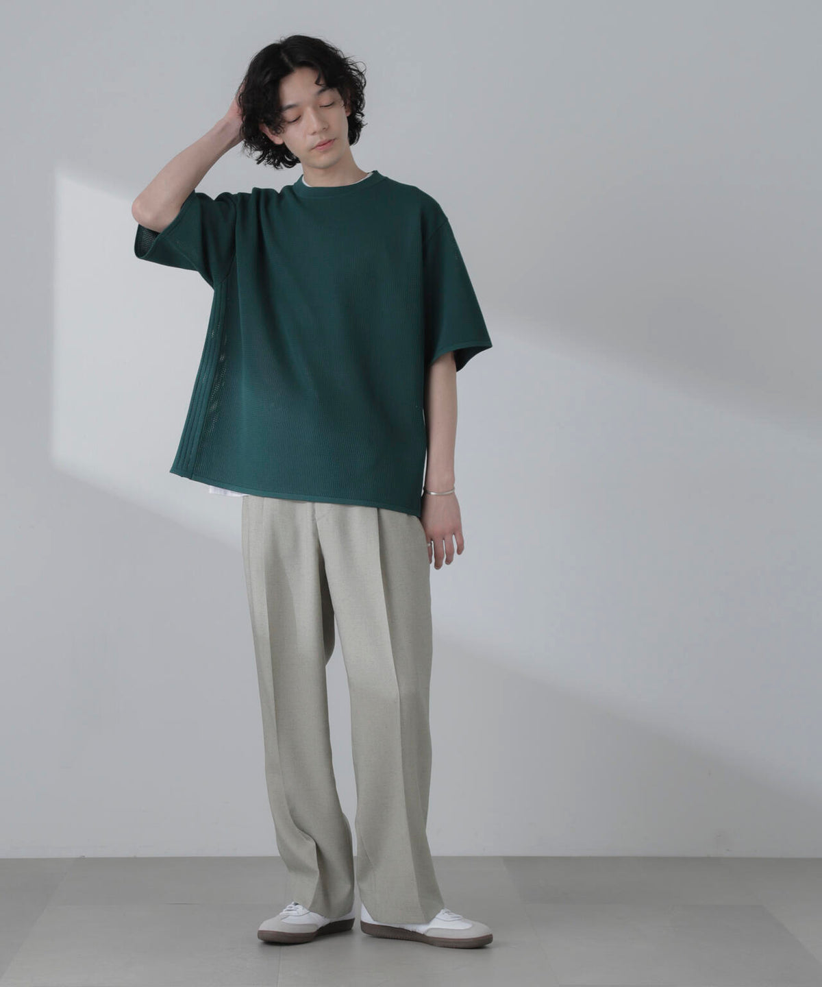 ポリメッシュリラックスクルーネックニットTシャツ