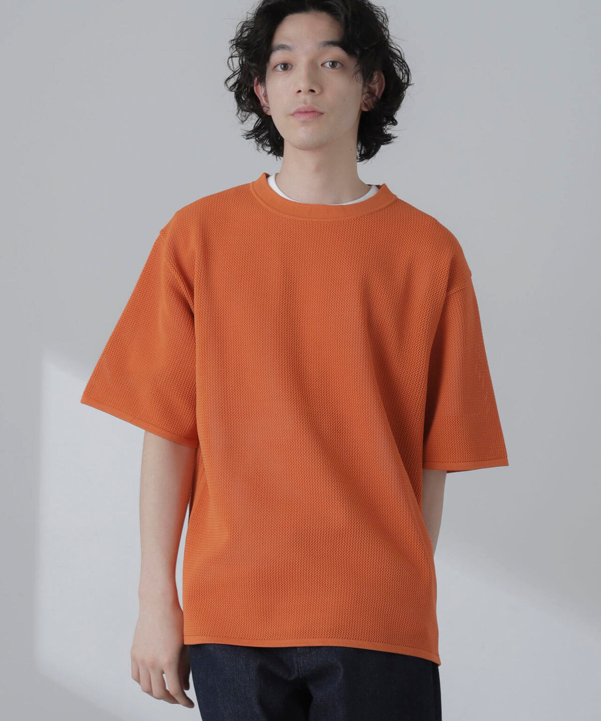 ポリメッシュリラックスクルーネックニットTシャツ