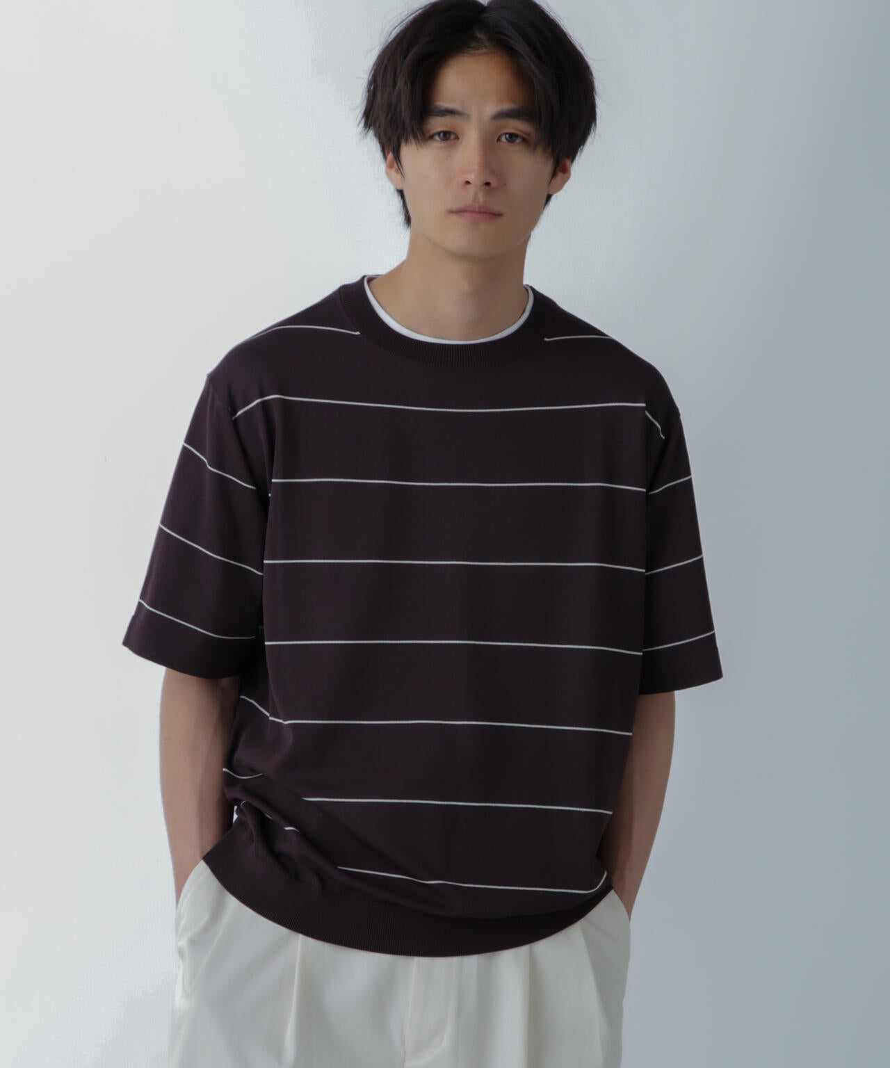 ハイゲージ ピンボーダーニットTシャツ