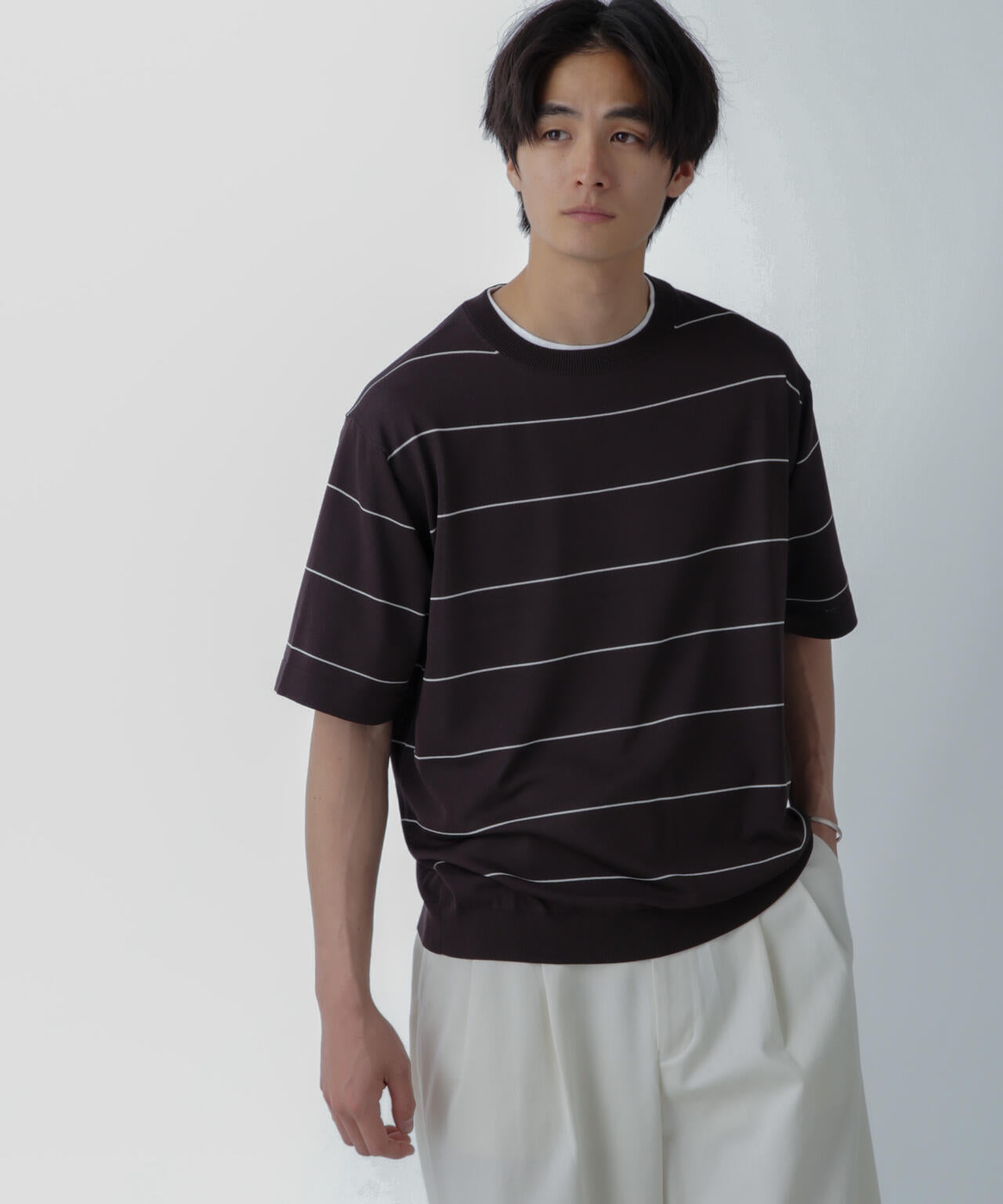 ハイゲージ ピンボーダーニットTシャツ