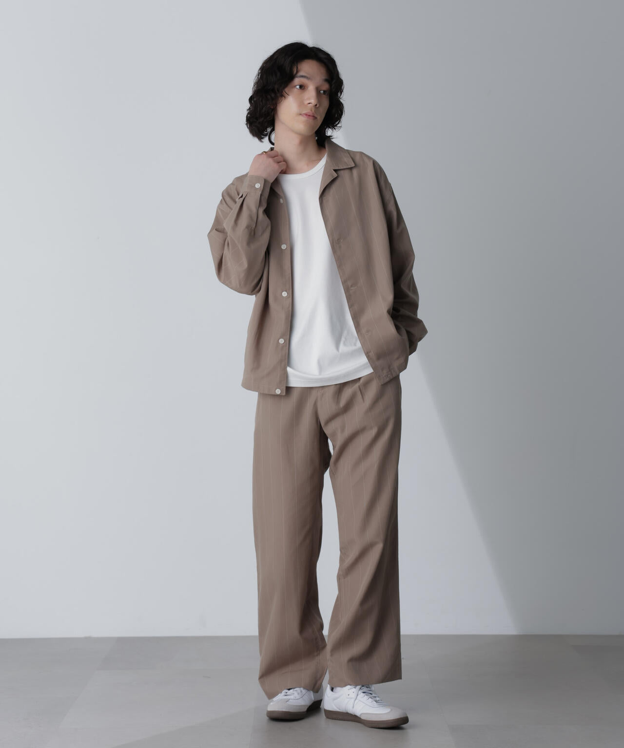 リネンブレンドピンストライプ1タックパンツ(セットアップ可)