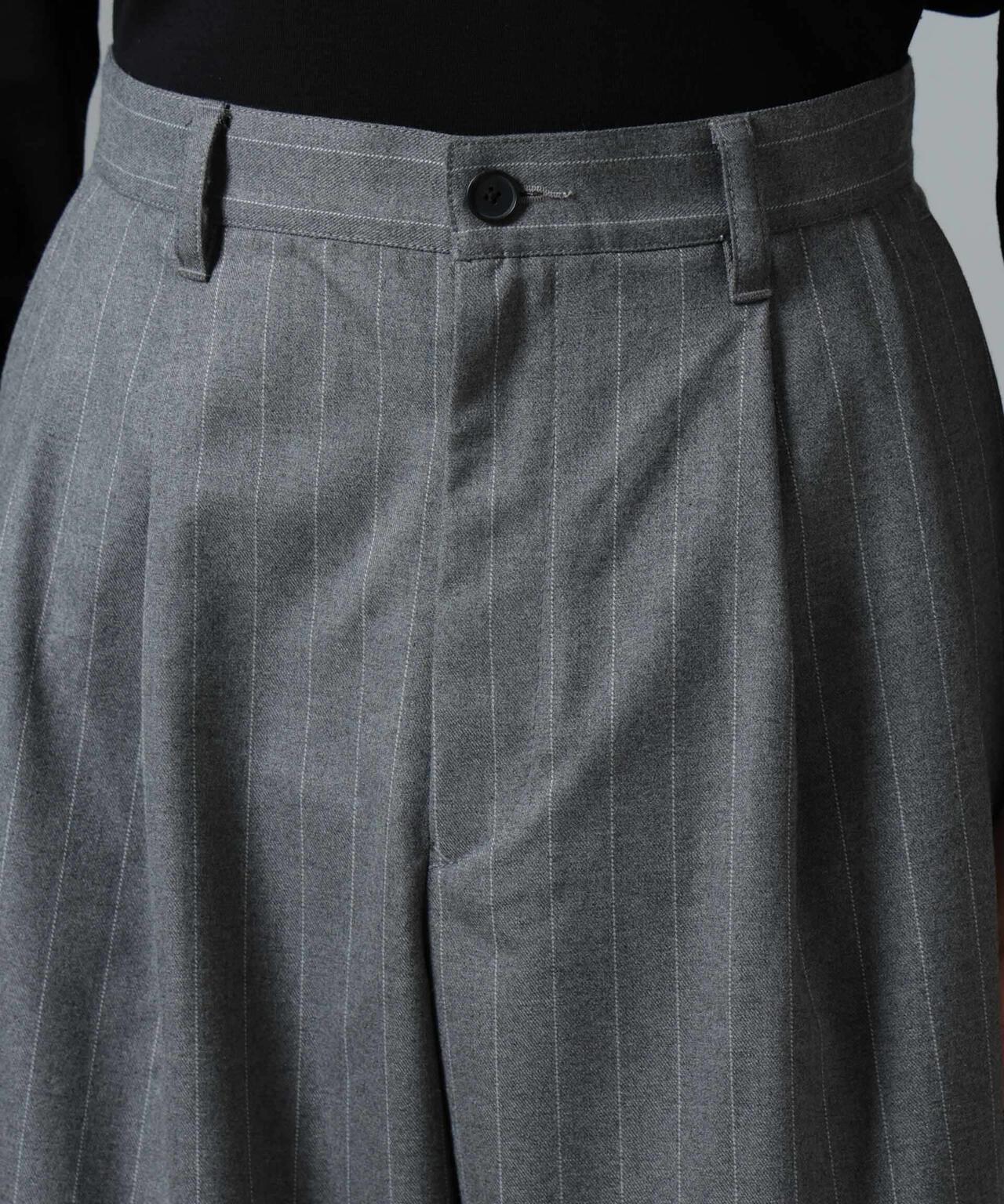 「大人のワイドパンツ」ピンストライプフランネル2タックワイドトラウザーズ(セットアップ可)