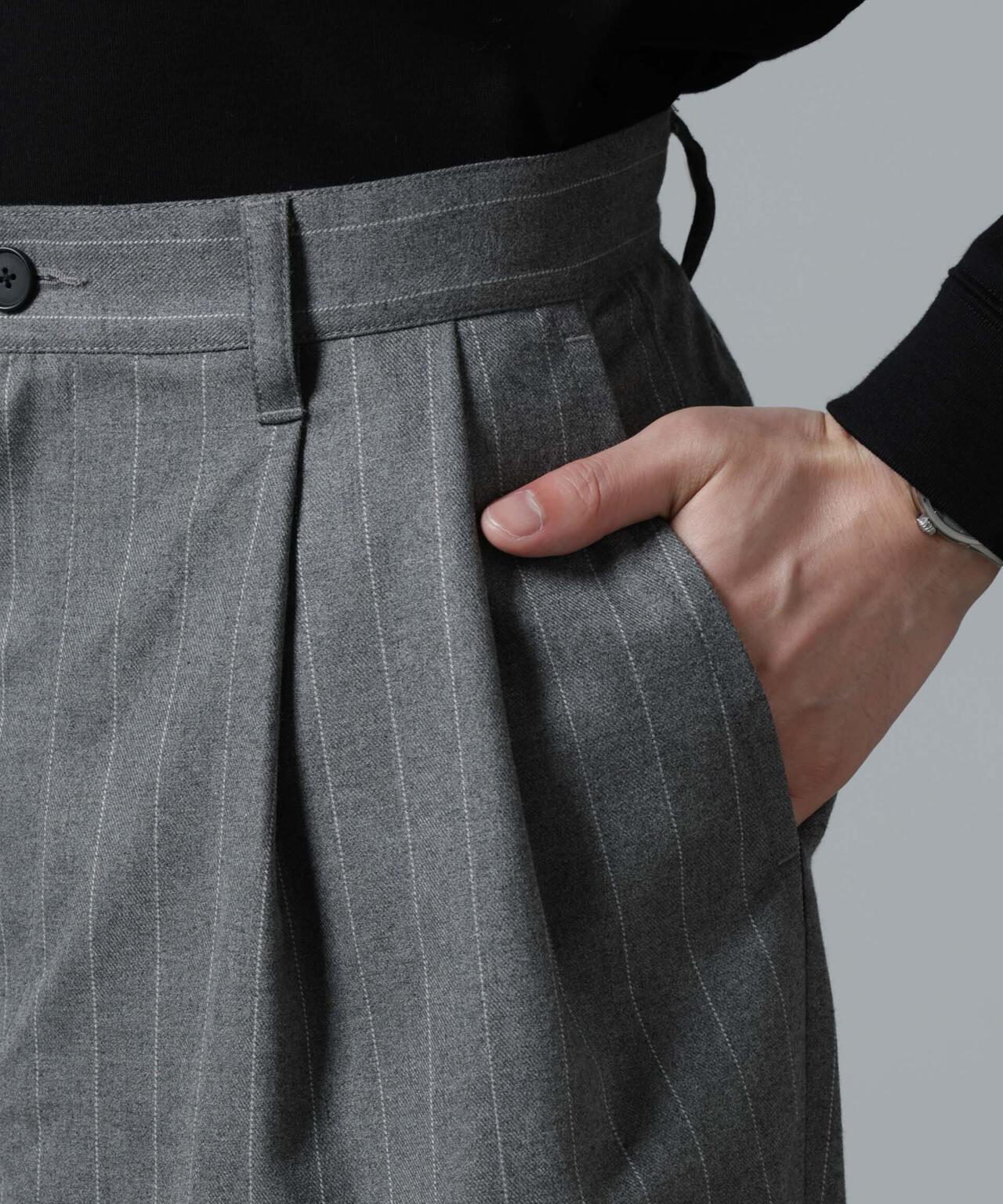 「大人のワイドパンツ」ピンストライプフランネル2タックワイドトラウザーズ(セットアップ可)