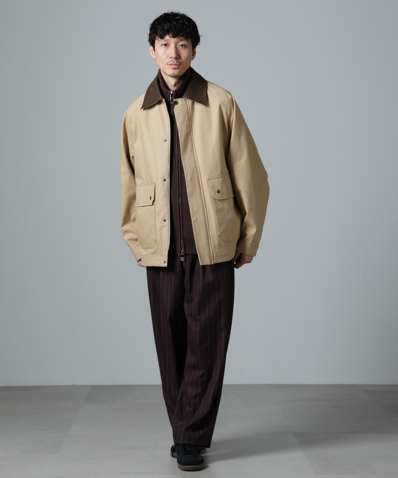 「大人のワイドパンツ」ピンストライプフランネル2タックワイドトラウザーズ(セットアップ可)