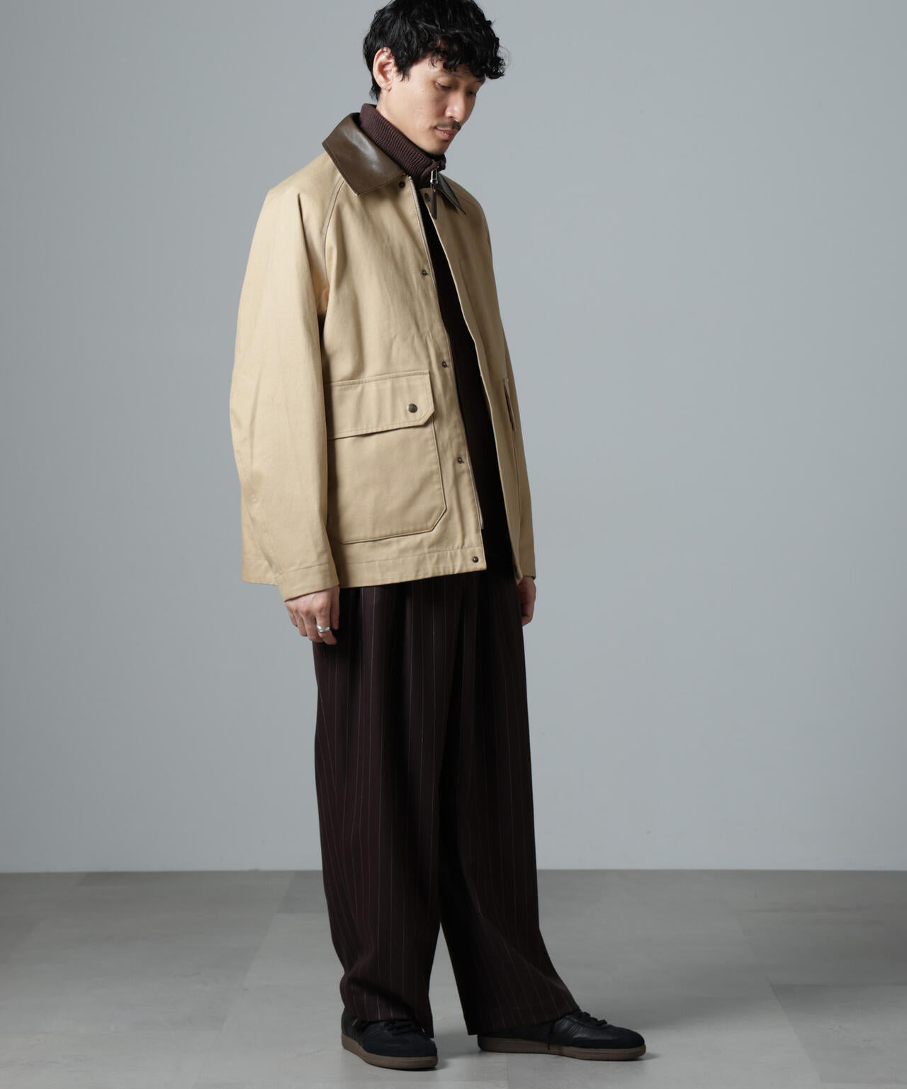 「大人のワイドパンツ」ピンストライプフランネル2タックワイドトラウザーズ(セットアップ可)