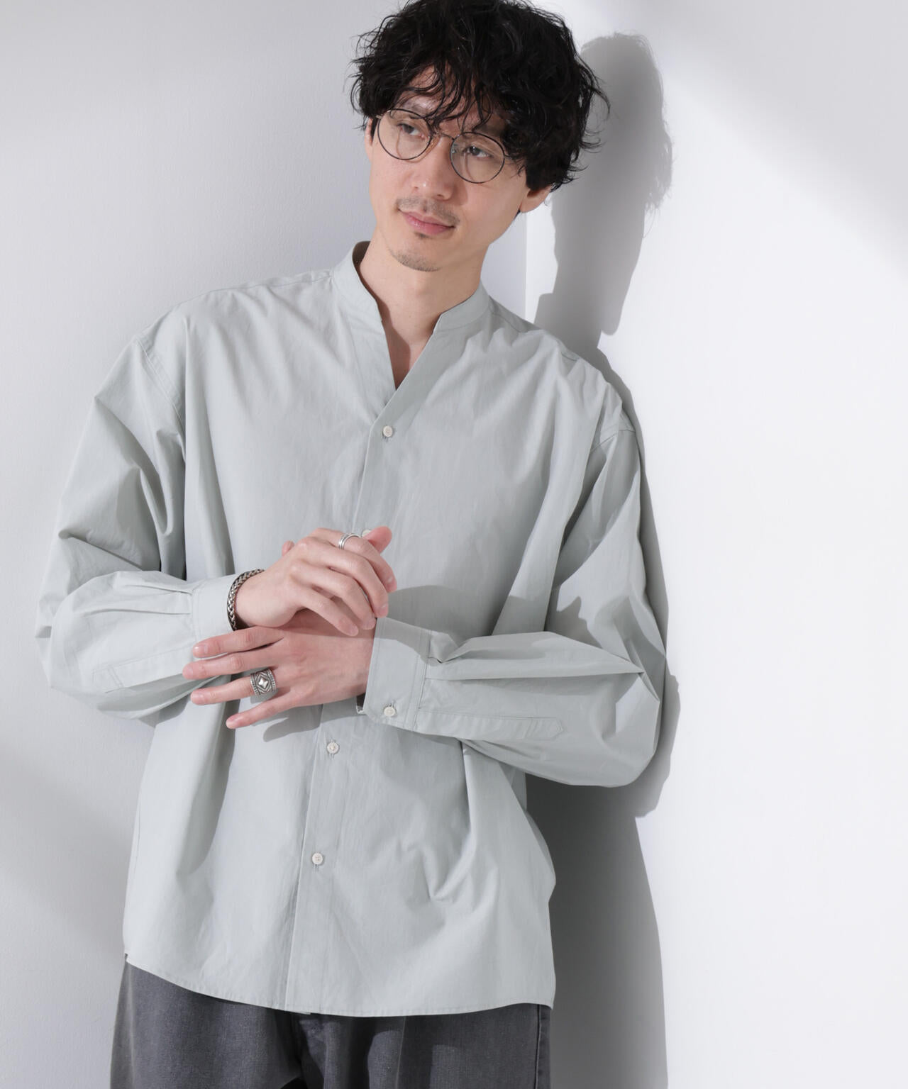 「大人のワイドシャツ」バンドカラー 長袖