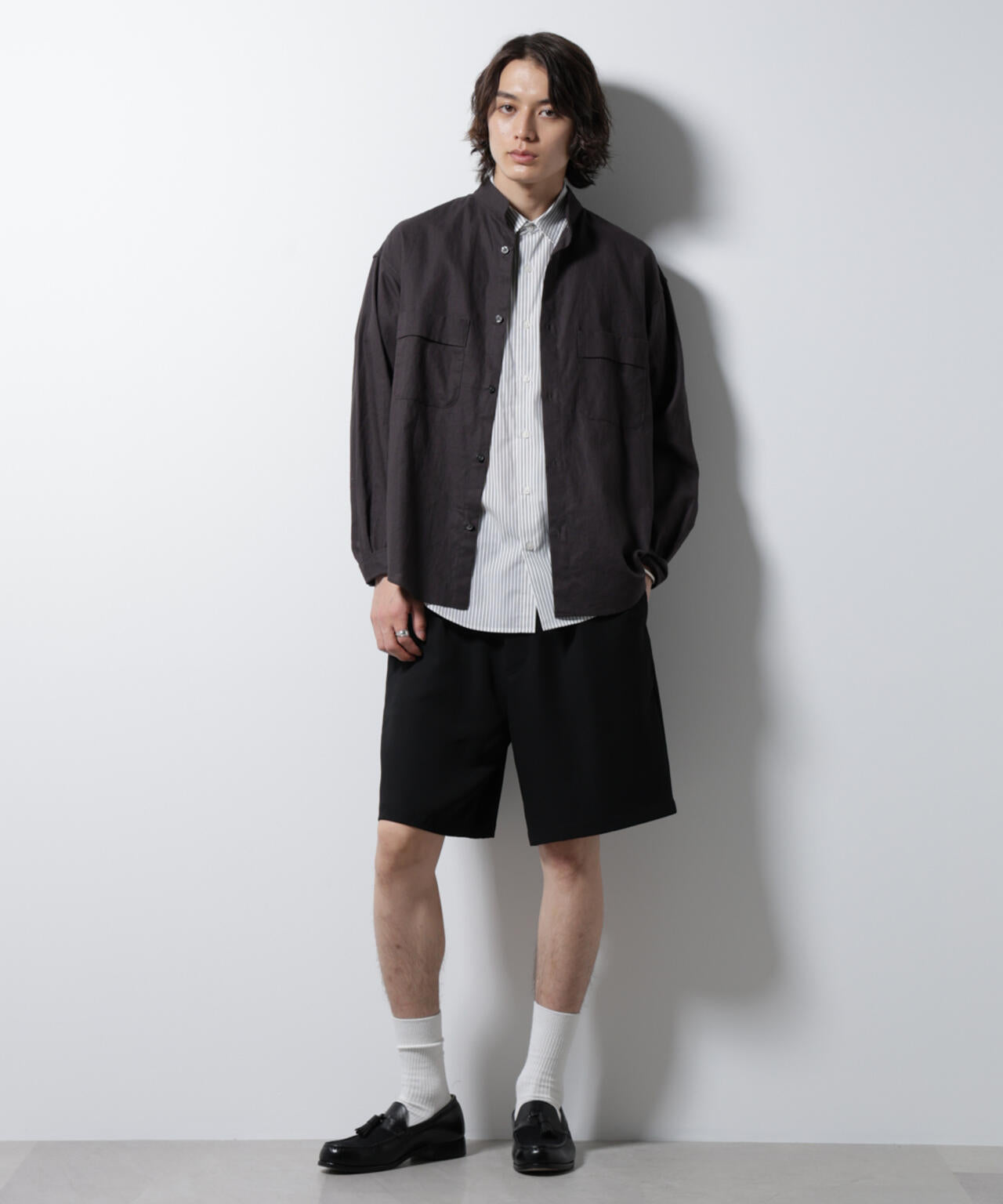 「BELGIUM LINEN FABRICS」リネンコットンスタンドカラーシャツ
