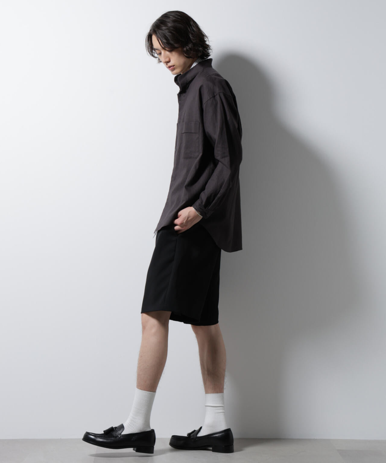「BELGIUM LINEN FABRICS」リネンコットンスタンドカラーシャツ