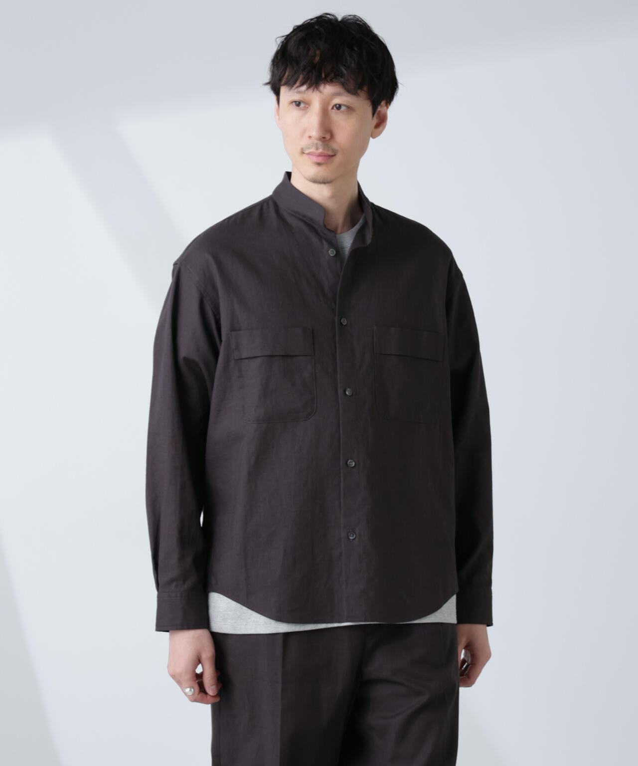 「BELGIUM LINEN FABRICS」リネンコットンスタンドカラーシャツ