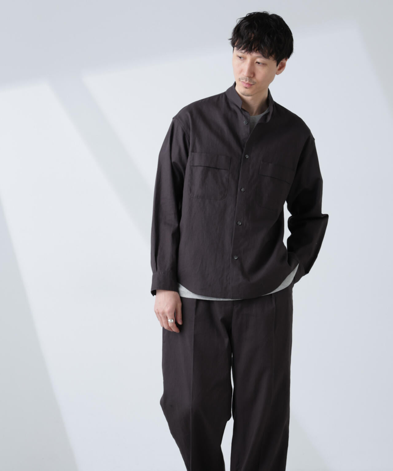 「BELGIUM LINEN FABRICS」リネンコットンスタンドカラーシャツ