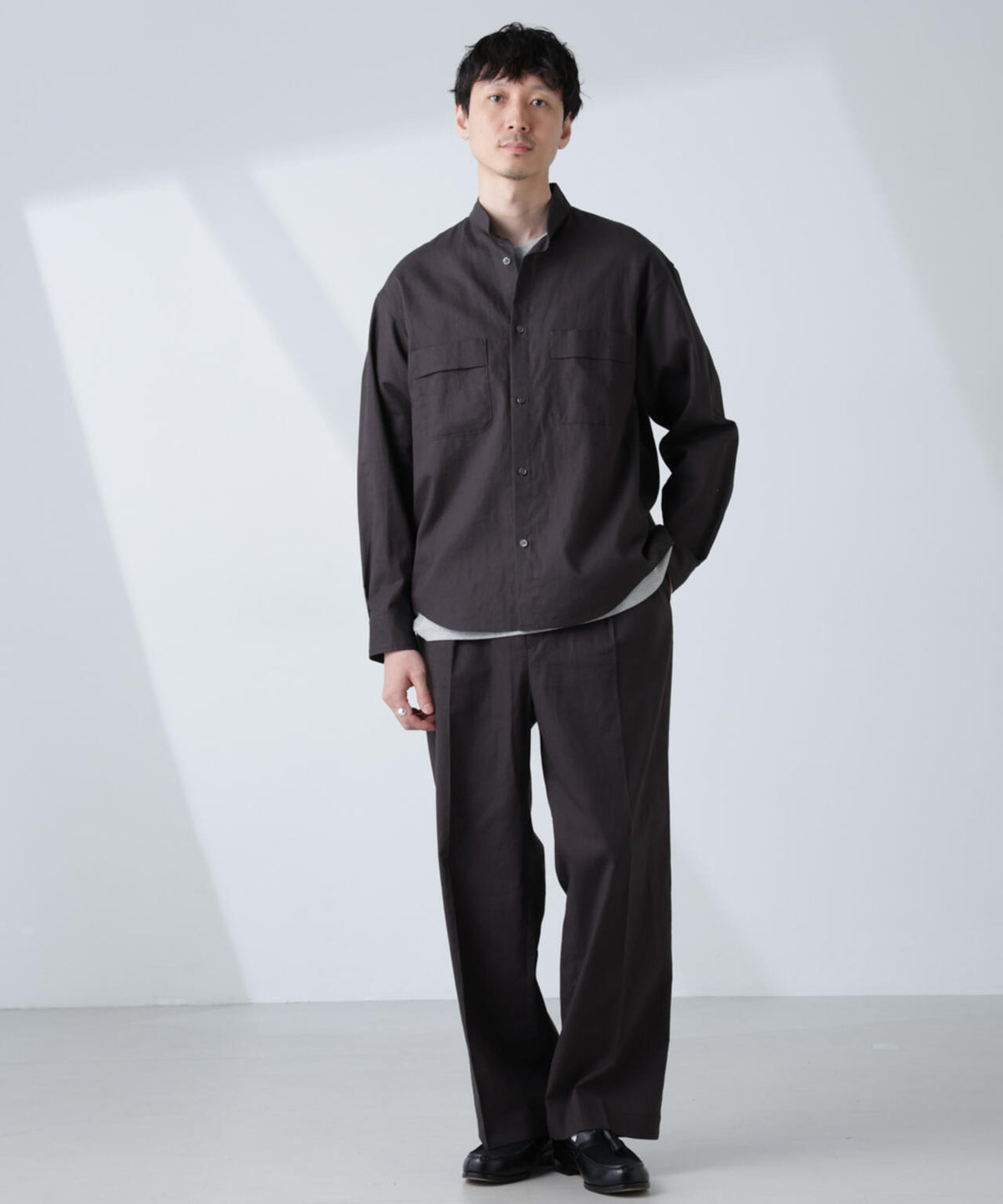 「BELGIUM LINEN FABRICS」リネンコットンスタンドカラーシャツ