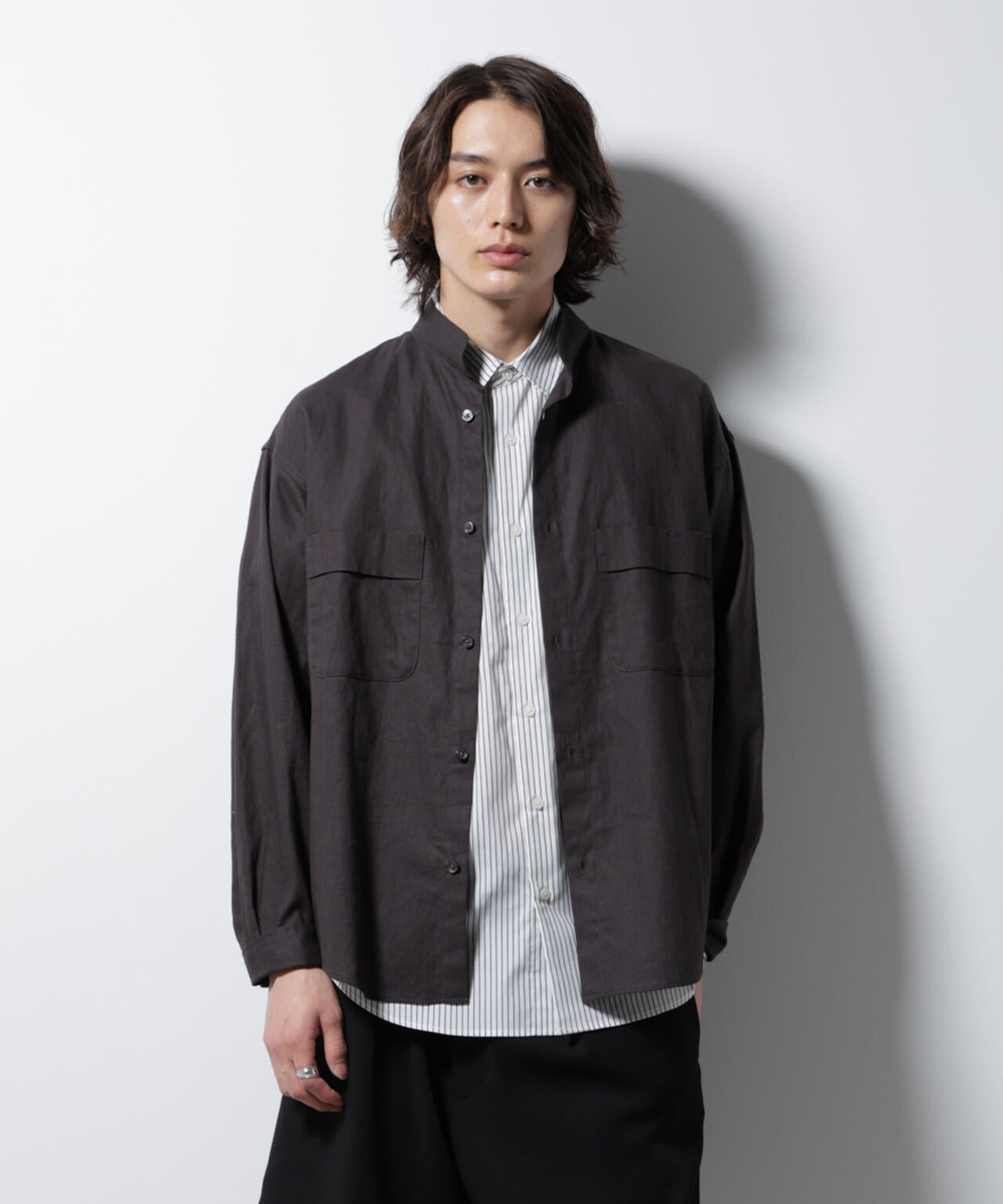 「BELGIUM LINEN FABRICS」リネンコットンスタンドカラーシャツ