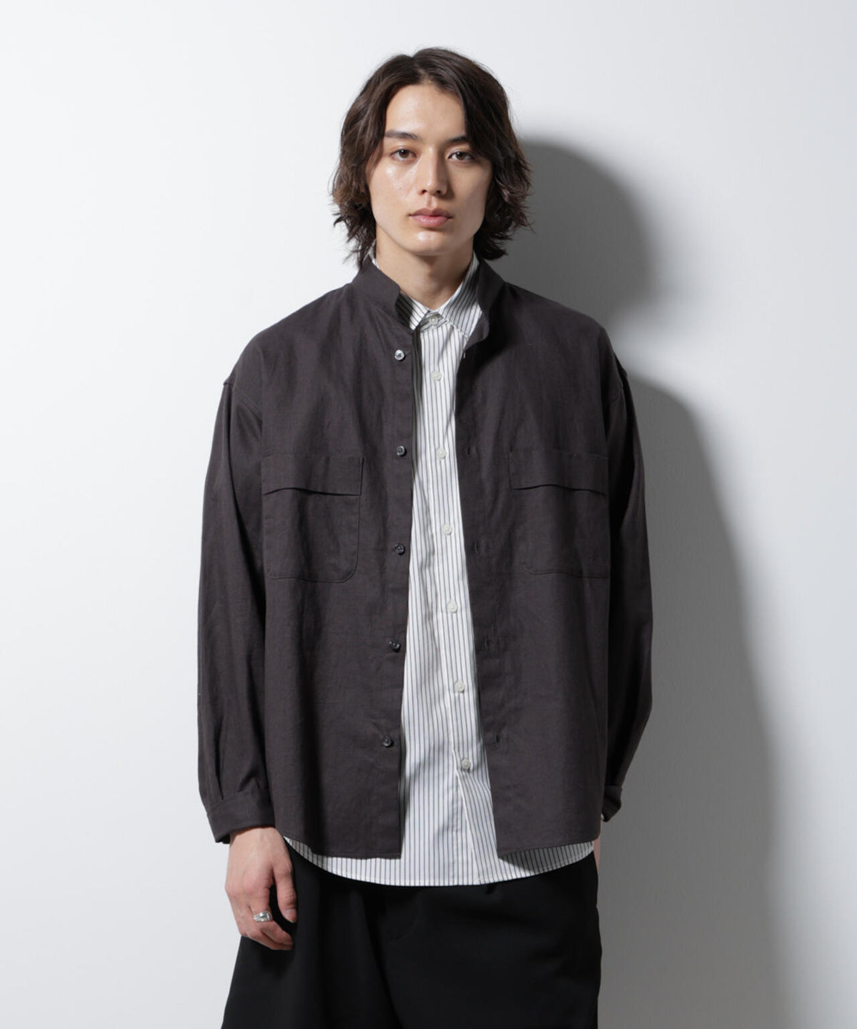 「BELGIUM LINEN FABRICS」リネンコットンスタンドカラーシャツ