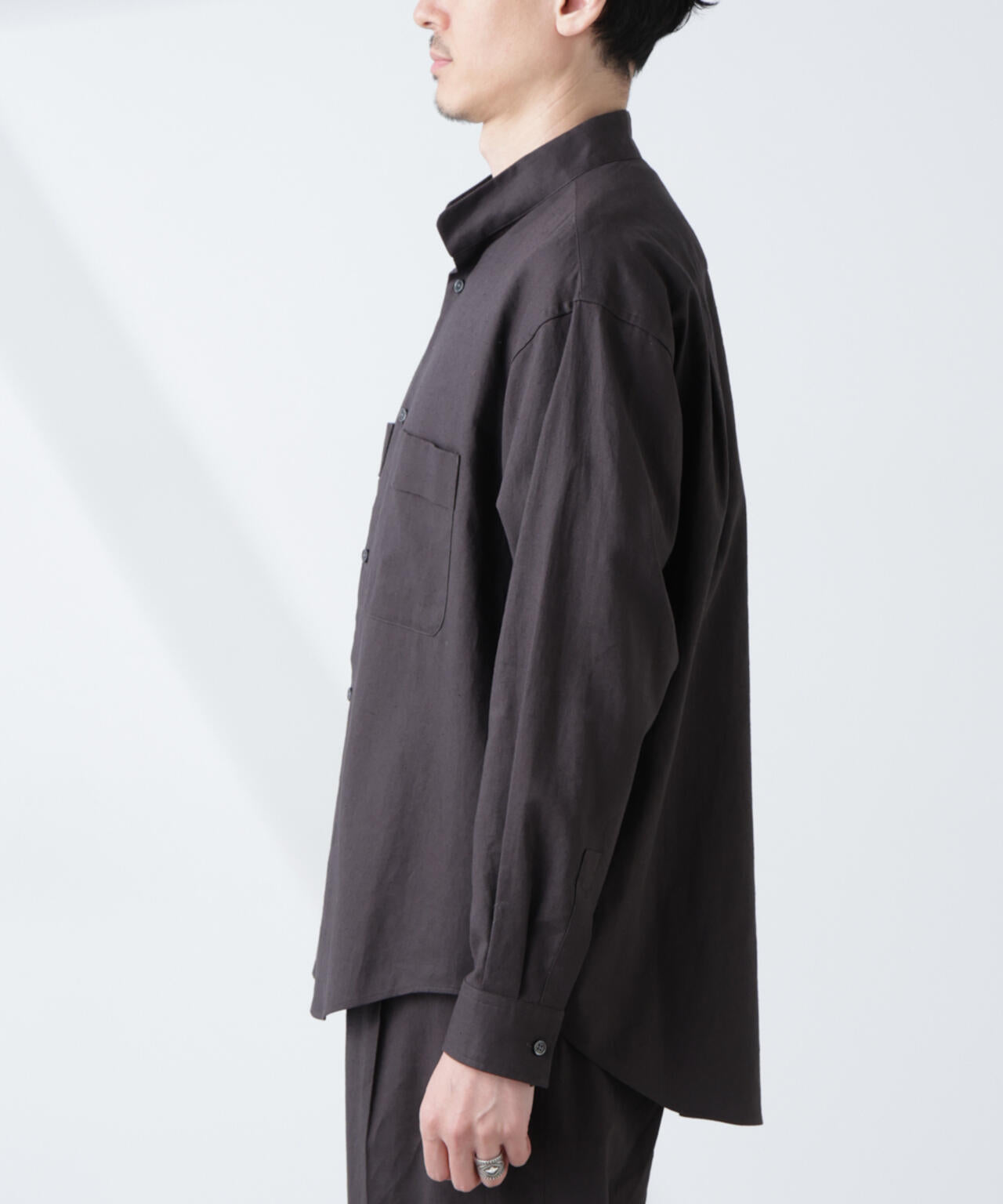 「BELGIUM LINEN FABRICS」リネンコットンスタンドカラーシャツ