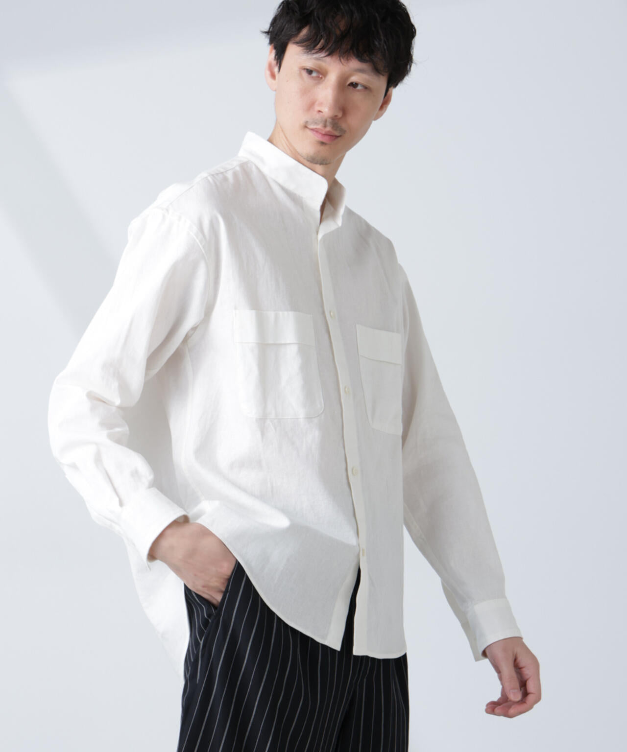 「BELGIUM LINEN FABRICS」リネンコットンスタンドカラーシャツ