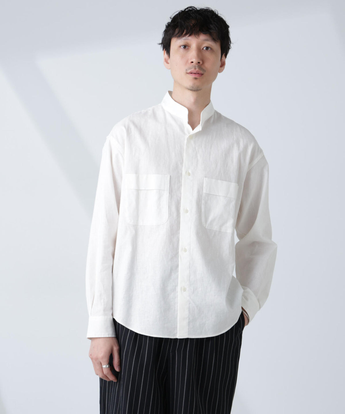 「BELGIUM LINEN FABRICS」リネンコットンスタンドカラーシャツ
