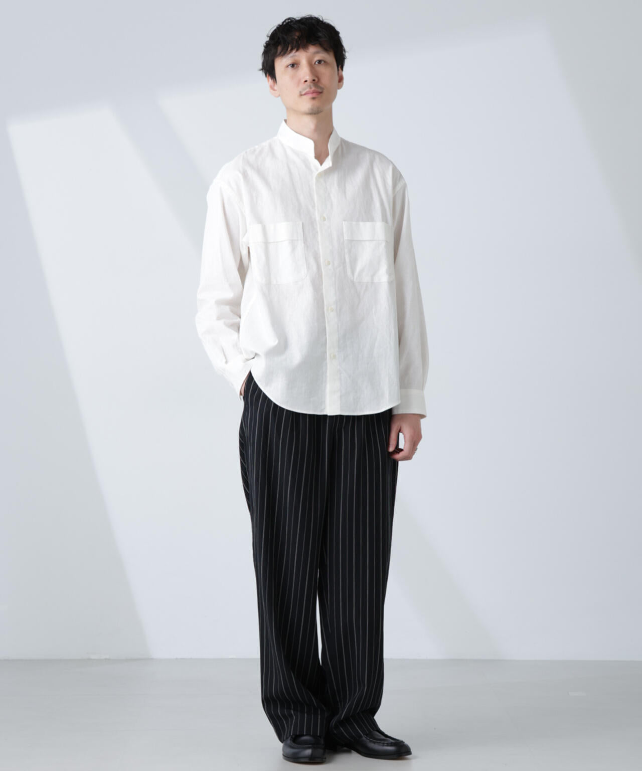 「BELGIUM LINEN FABRICS」リネンコットンスタンドカラーシャツ