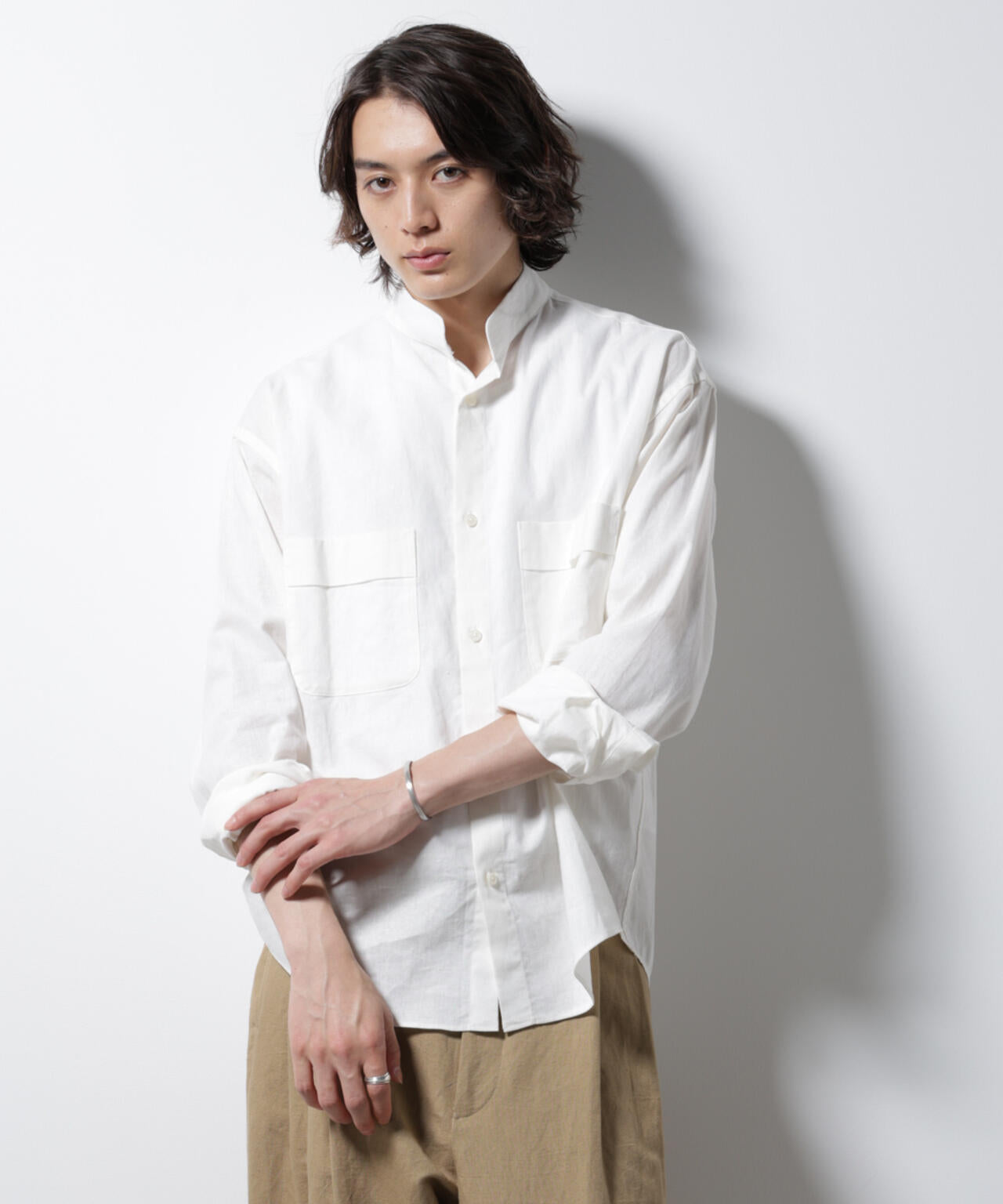 「BELGIUM LINEN FABRICS」リネンコットンスタンドカラーシャツ