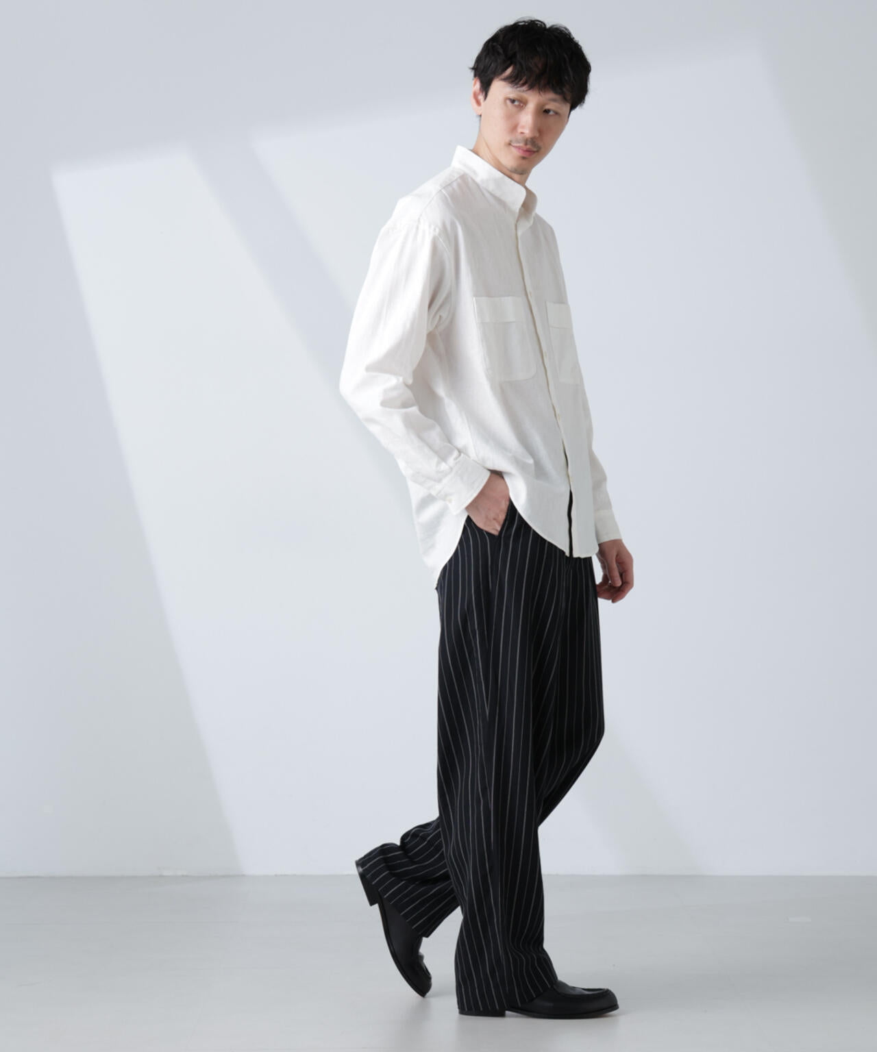 「BELGIUM LINEN FABRICS」リネンコットンスタンドカラーシャツ