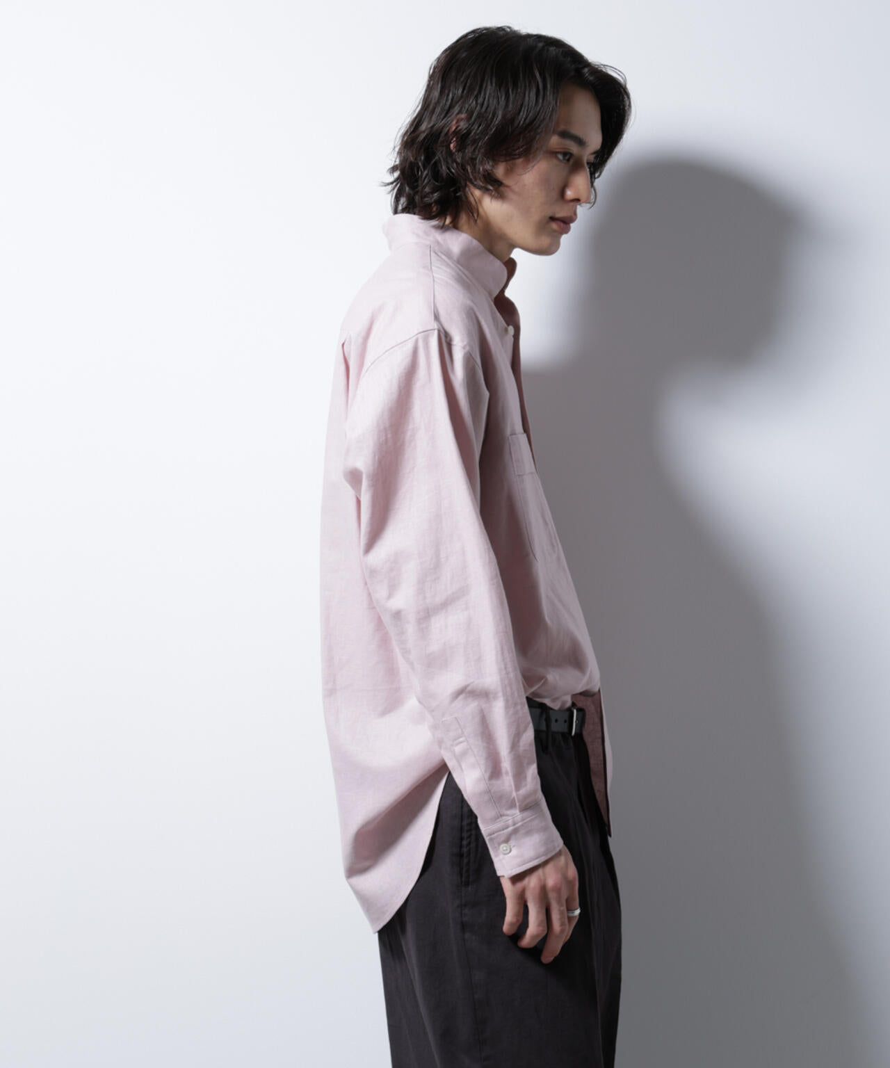 「BELGIUM LINEN FABRICS」リネンコットンスタンドカラーシャツ