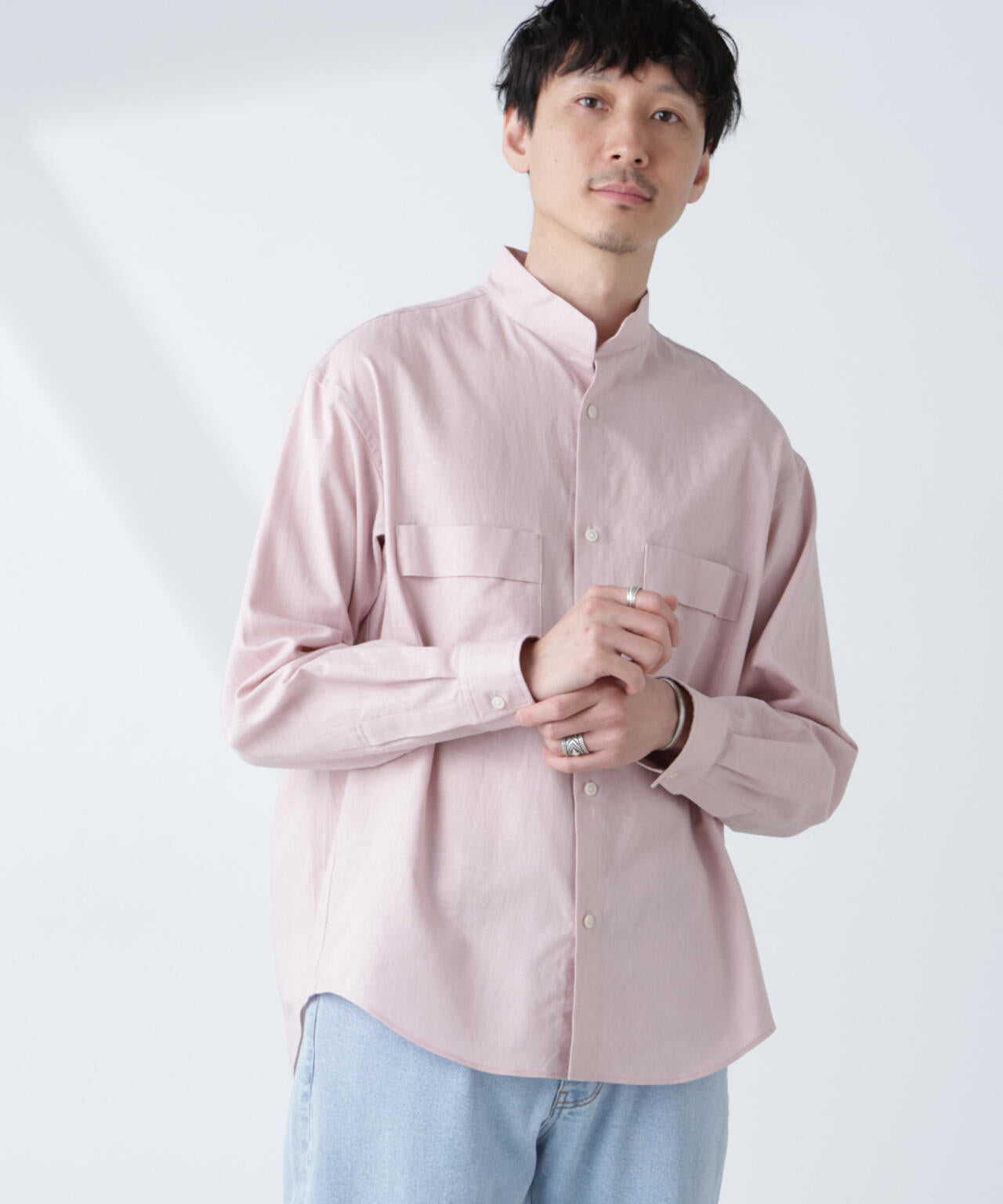 「BELGIUM LINEN FABRICS」リネンコットンスタンドカラーシャツ
