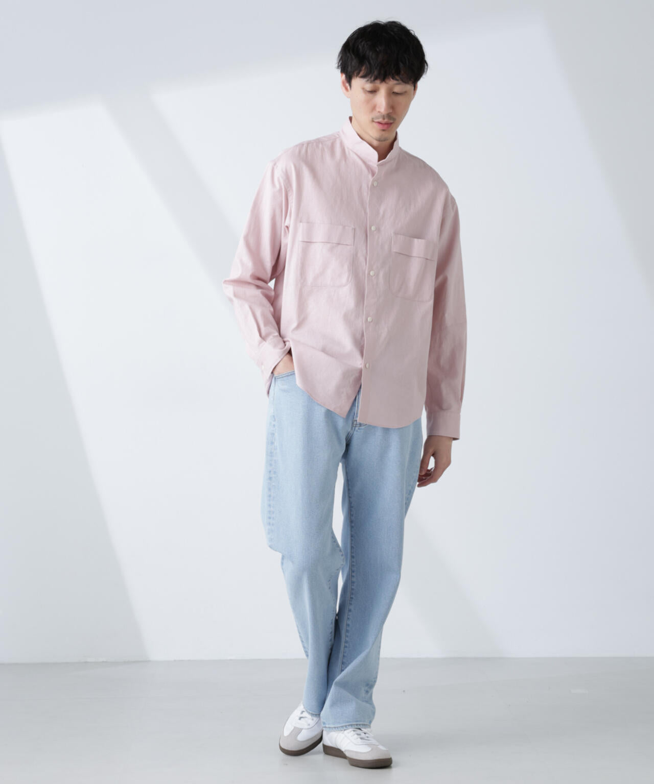 「BELGIUM LINEN FABRICS」リネンコットンスタンドカラーシャツ