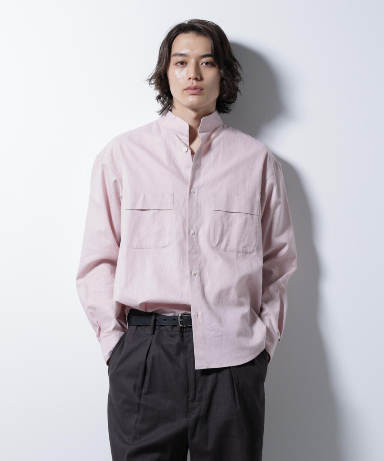 「BELGIUM LINEN FABRICS」リネンコットンスタンドカラーシャツ