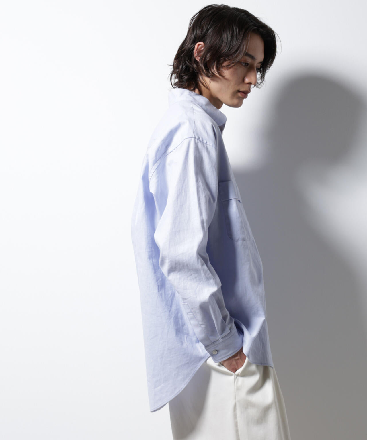 「BELGIUM LINEN FABRICS」リネンコットンスタンドカラーシャツ