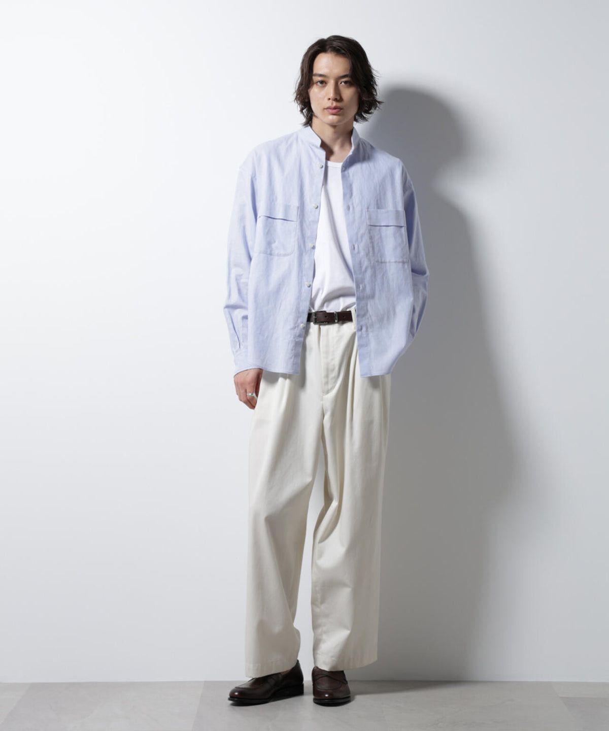 「BELGIUM LINEN FABRICS」リネンコットンスタンドカラーシャツ
