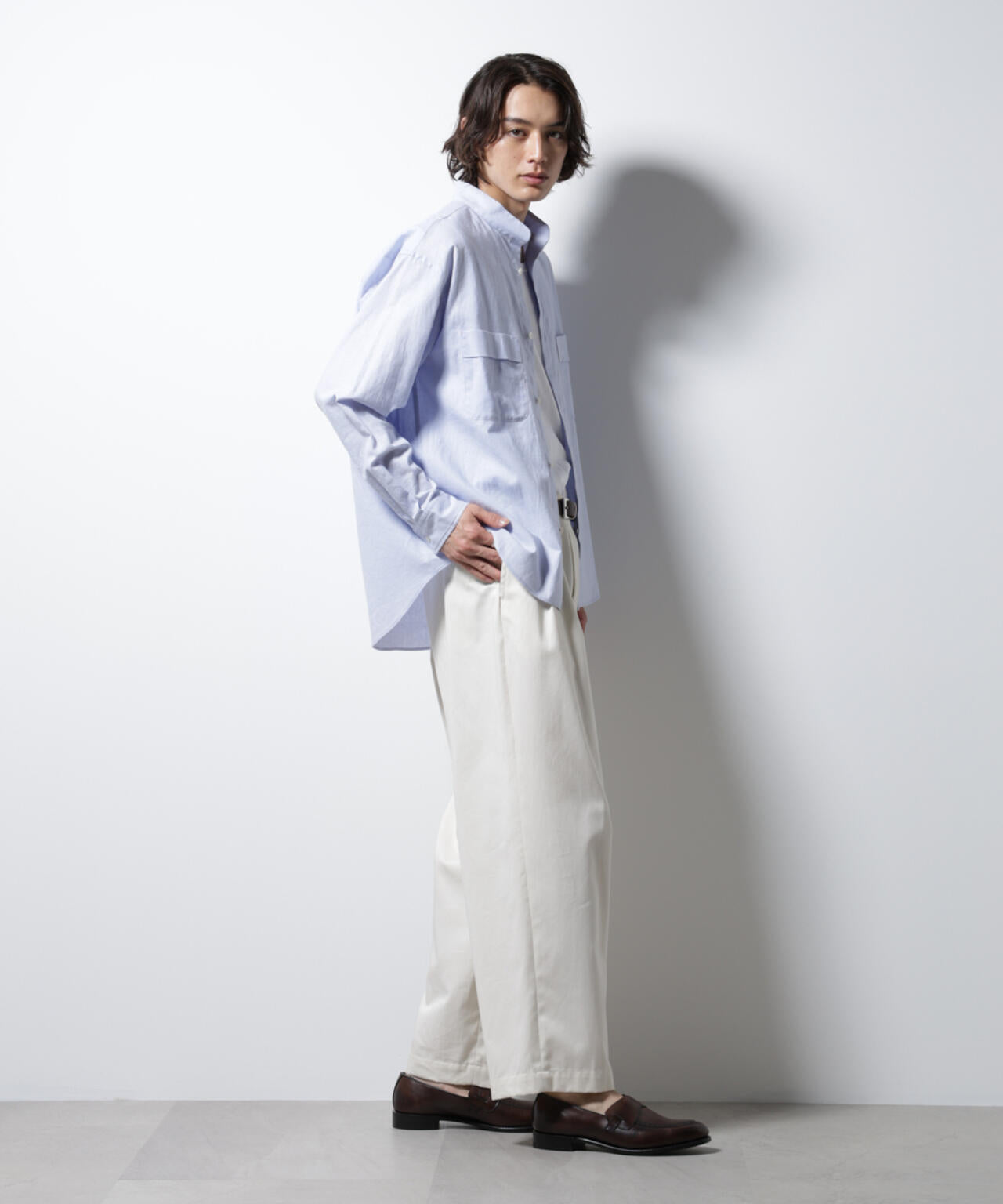 「BELGIUM LINEN FABRICS」リネンコットンスタンドカラーシャツ