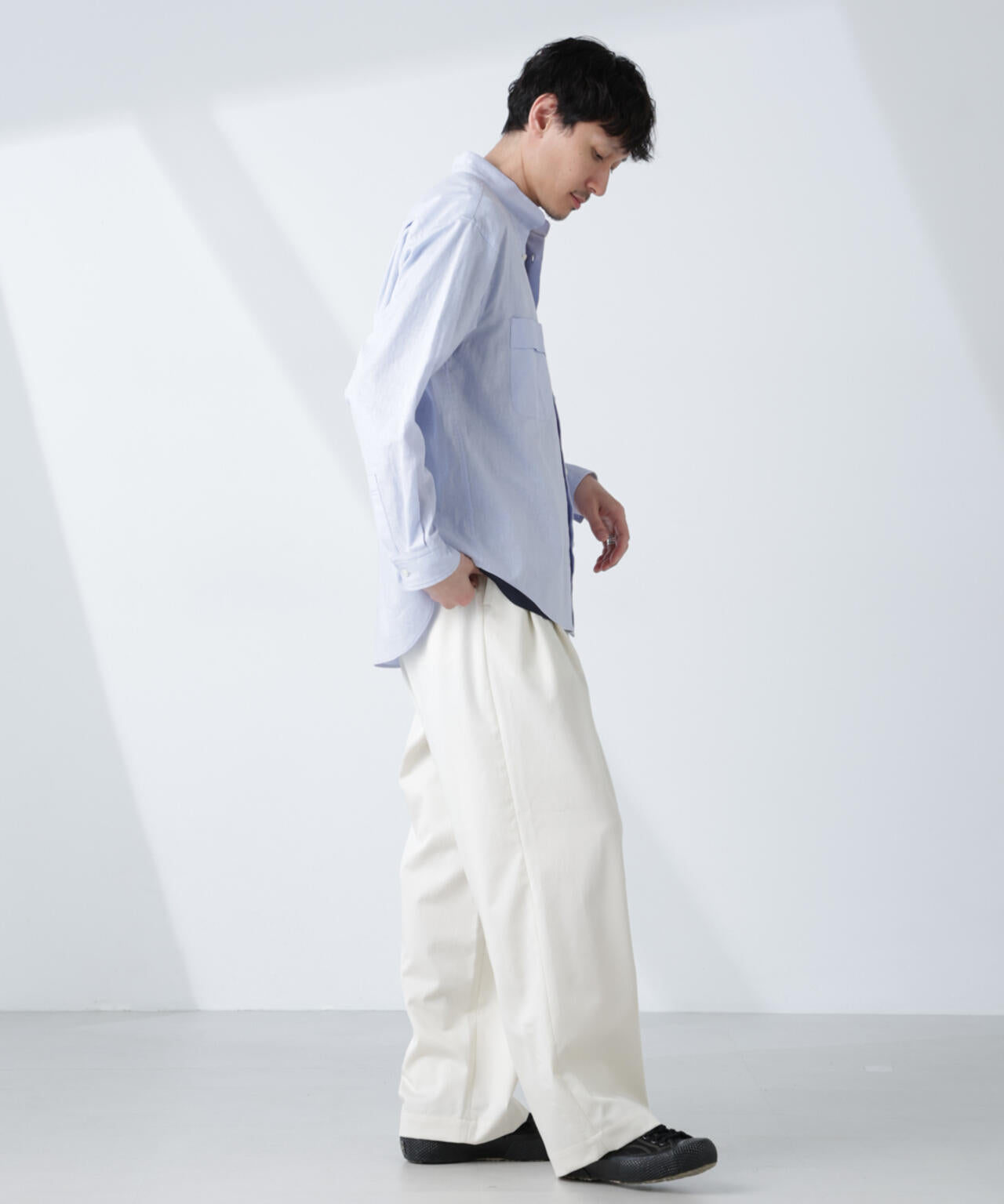 「BELGIUM LINEN FABRICS」リネンコットンスタンドカラーシャツ