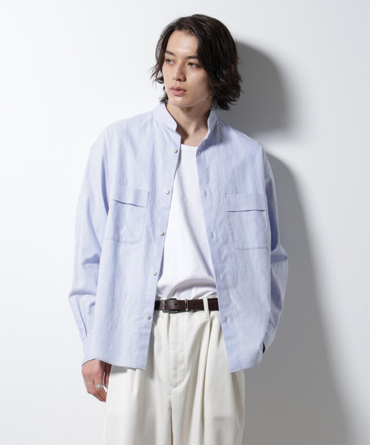 「BELGIUM LINEN FABRICS」リネンコットンスタンドカラーシャツ