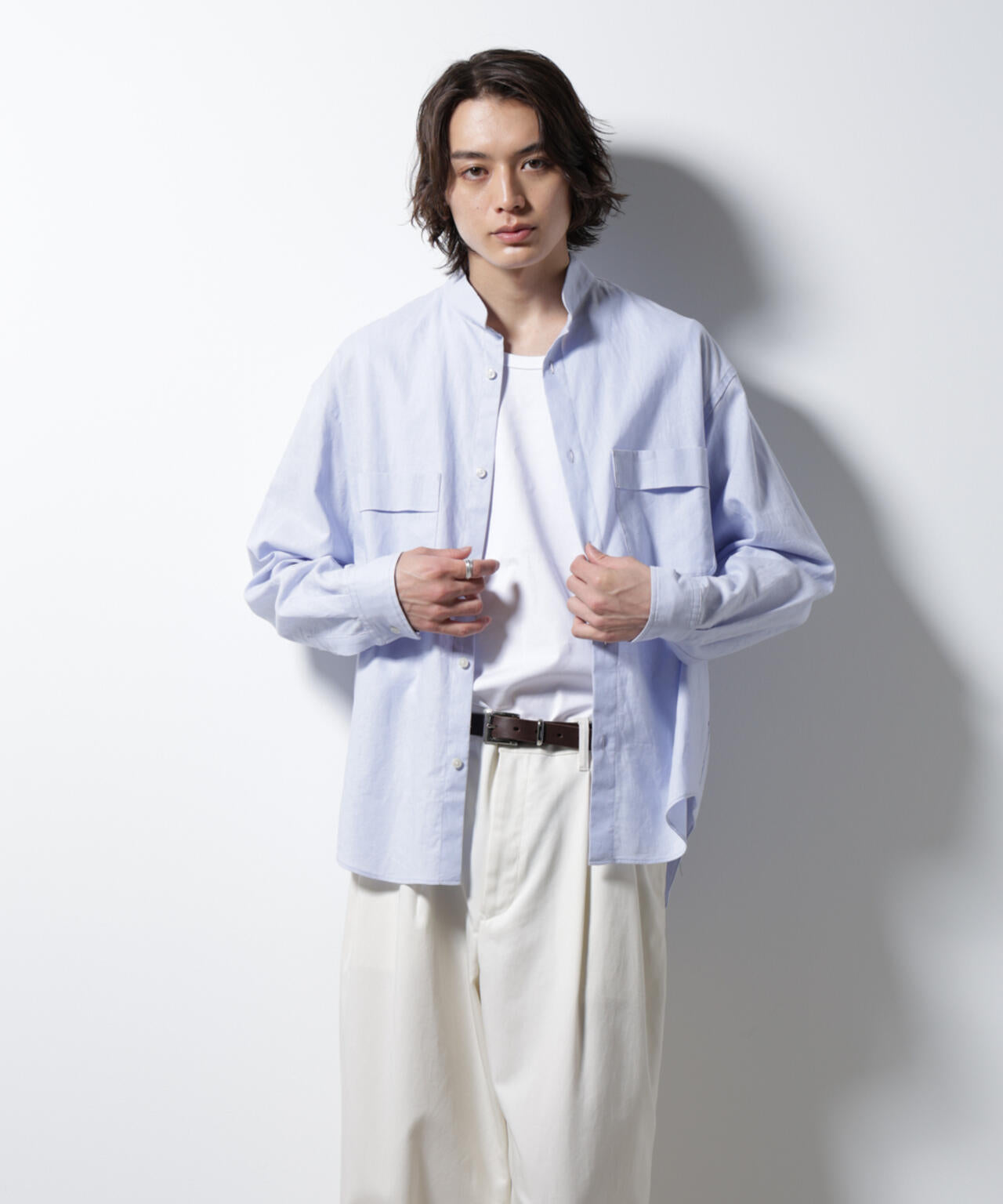 「BELGIUM LINEN FABRICS」リネンコットンスタンドカラーシャツ