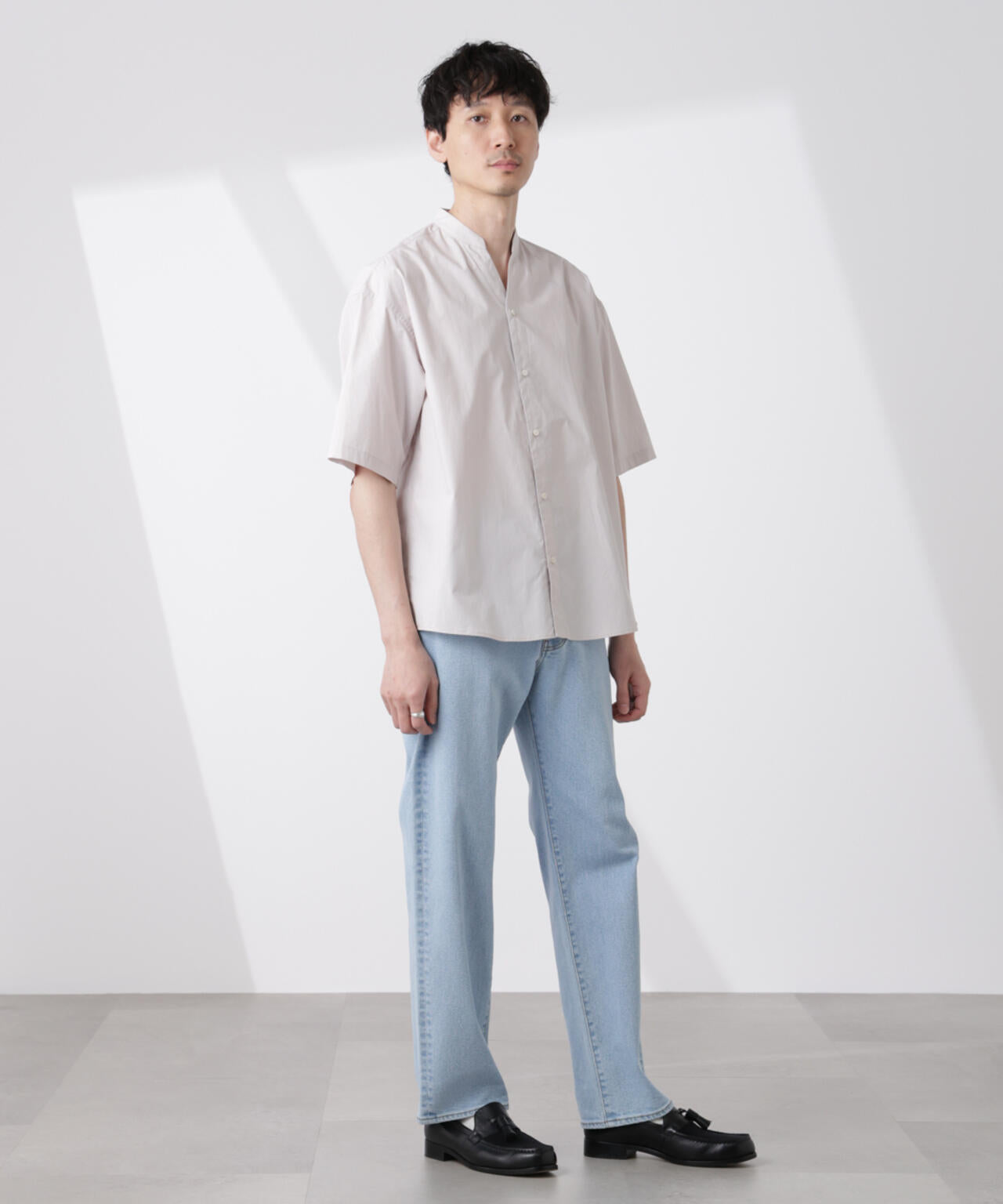 「大人のワイドシャツ」バンドカラー 半袖