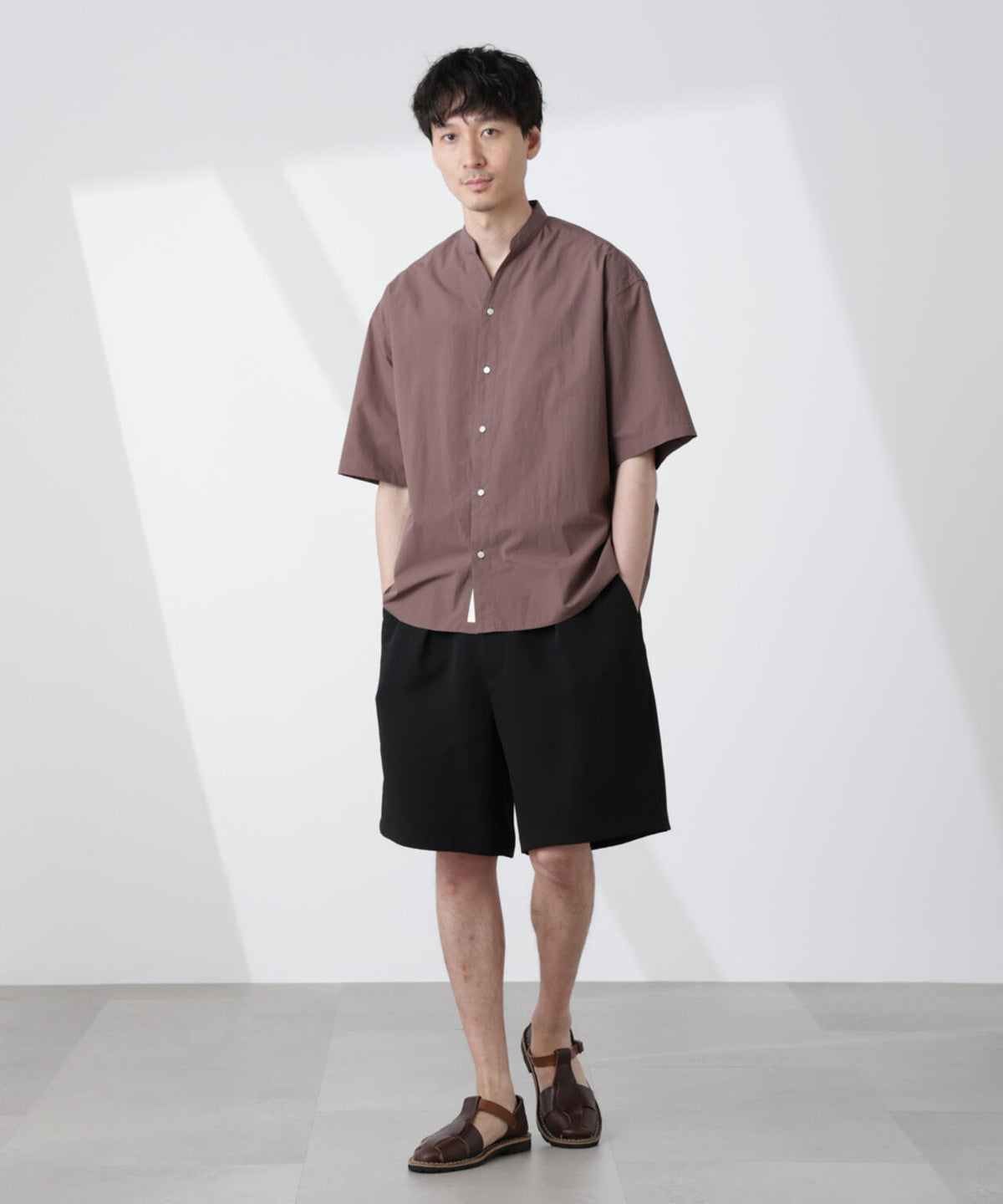 「大人のワイドシャツ」バンドカラー 半袖