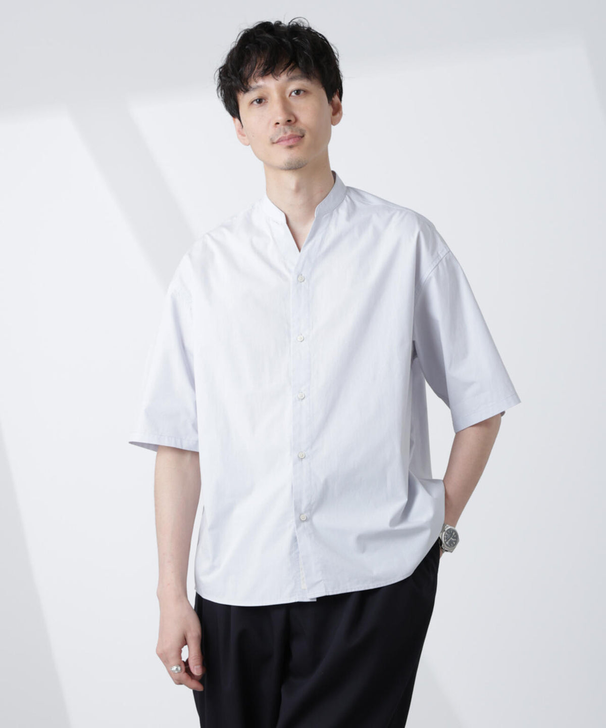 「大人のワイドシャツ」バンドカラー 半袖