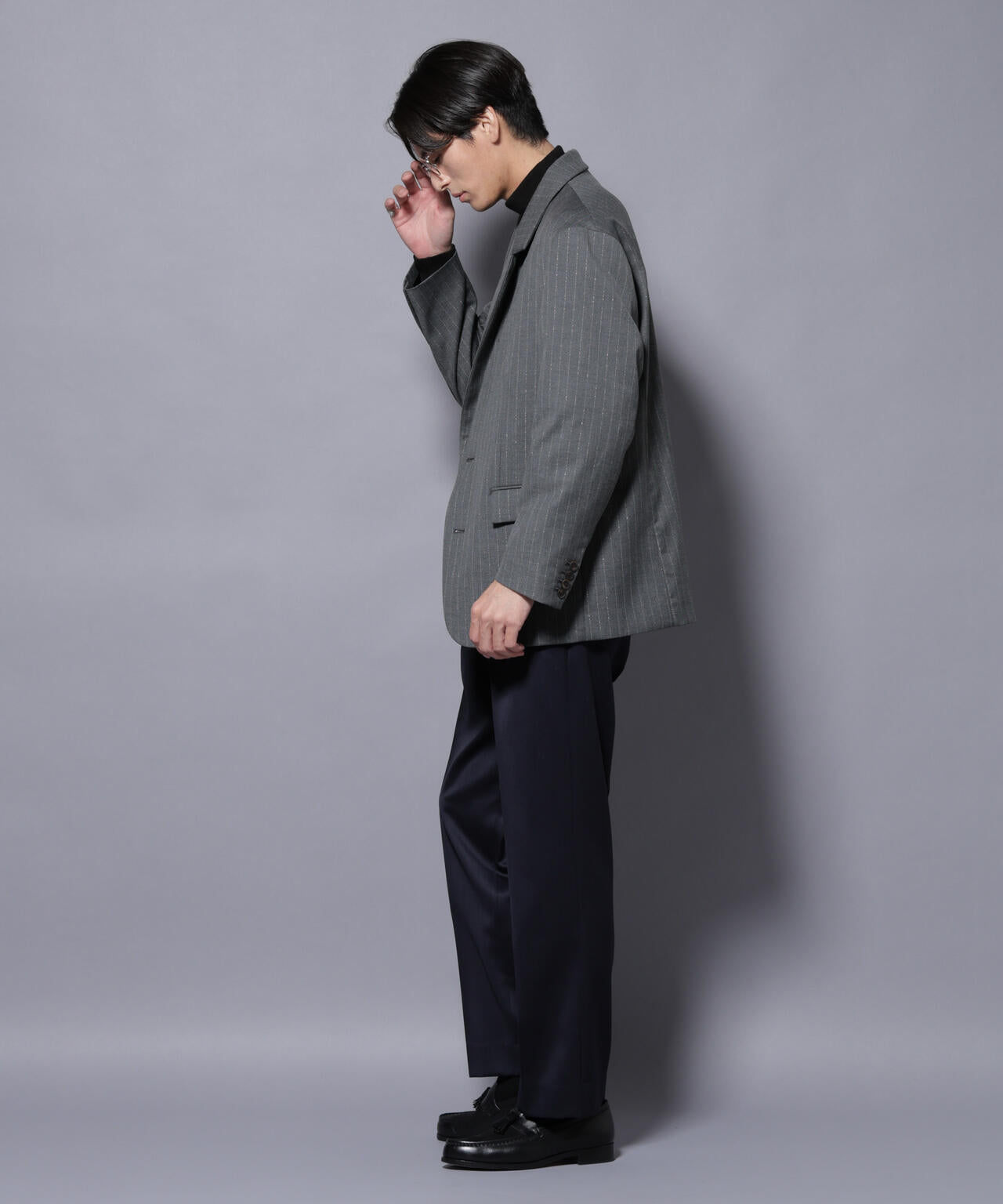 DELEGANTEエアリーサキソニー グリッターストライプテーラードジャケット(セットアップ可)