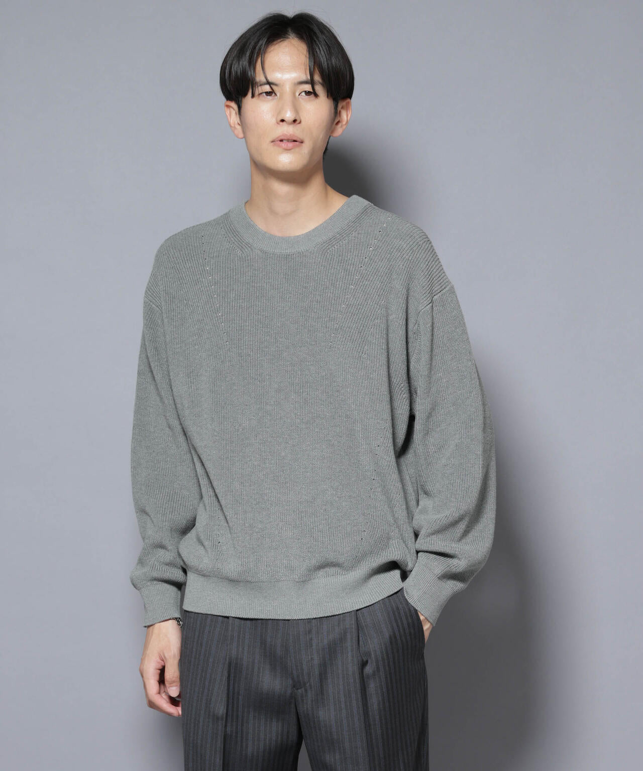 マーセライズコットン 畦クルーネックニット