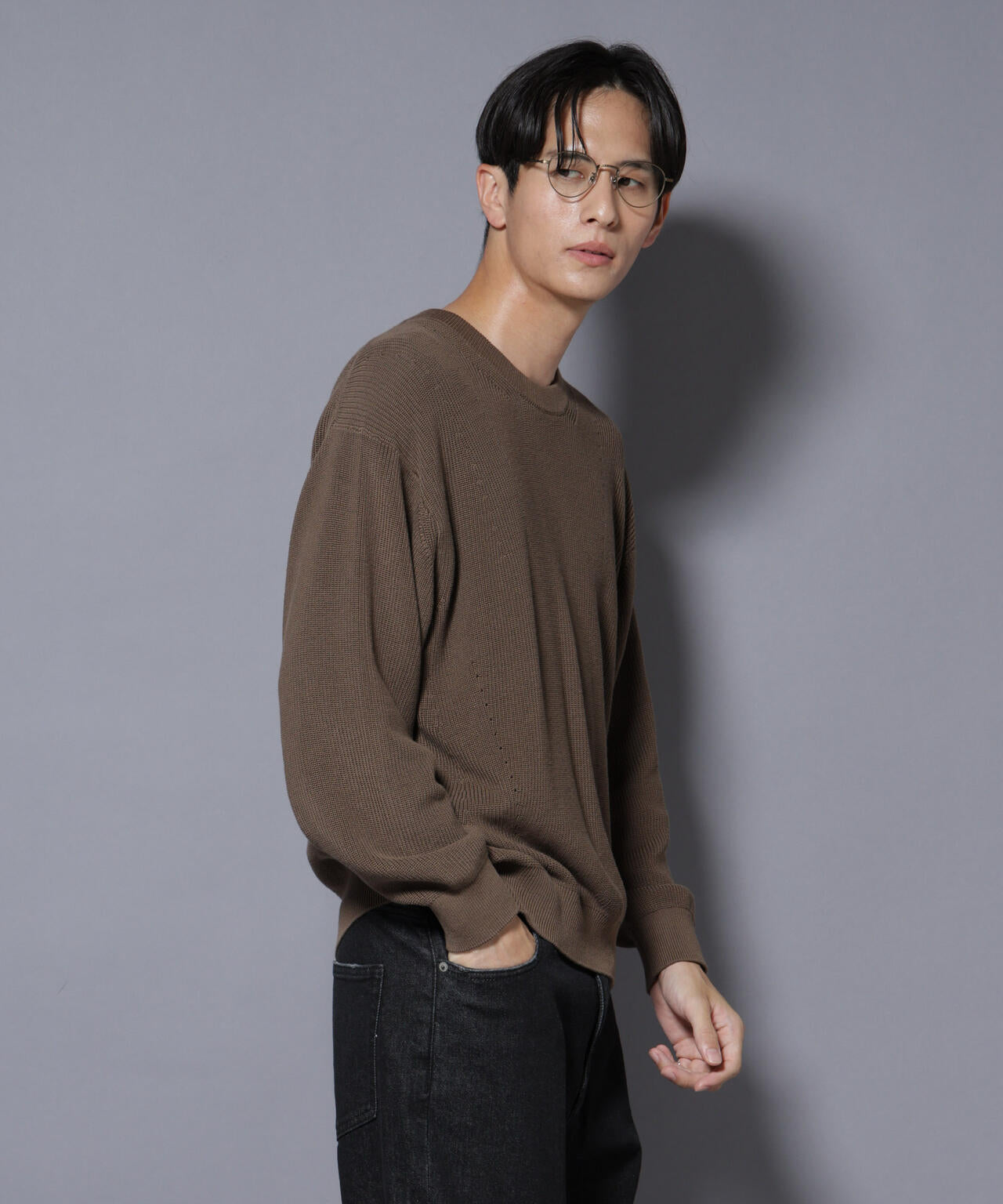 マーセライズコットン 畦クルーネックニット