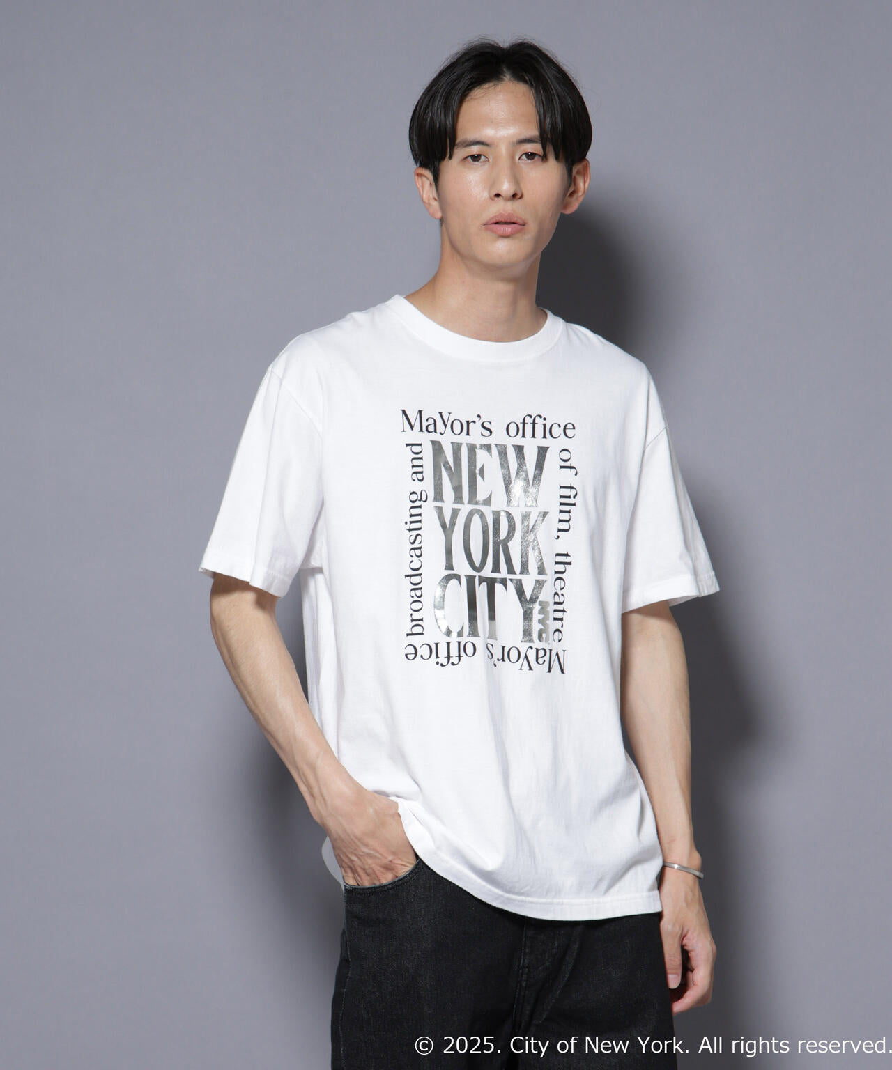 別注GOOD ROCK SPEED NYC シルバー箔プリントTシャツ